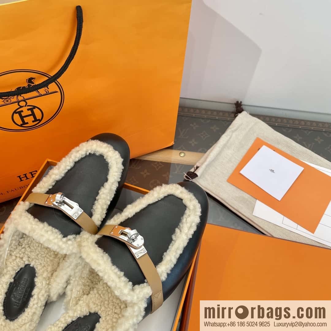 Hermès Sheepskin Button Muller Half Trail Fluffy Shoes