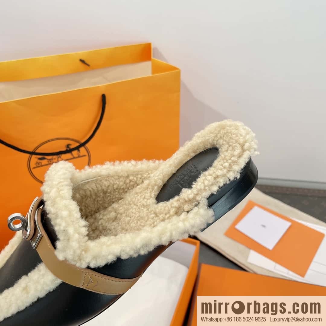 Hermès Sheepskin Button Muller Half Trail Fluffy Shoes