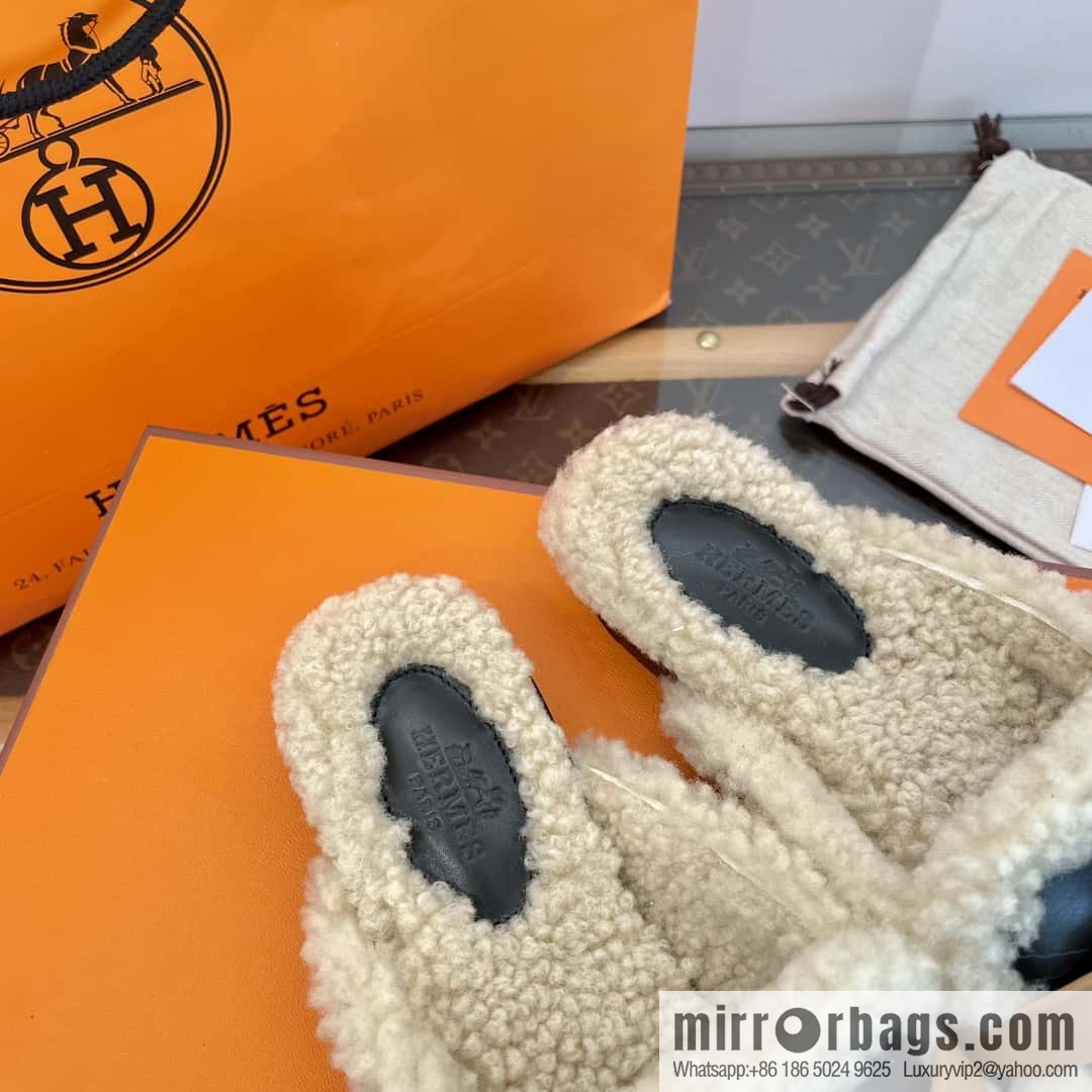 Hermès Sheepskin Button Muller Half Trail Fluffy Shoes