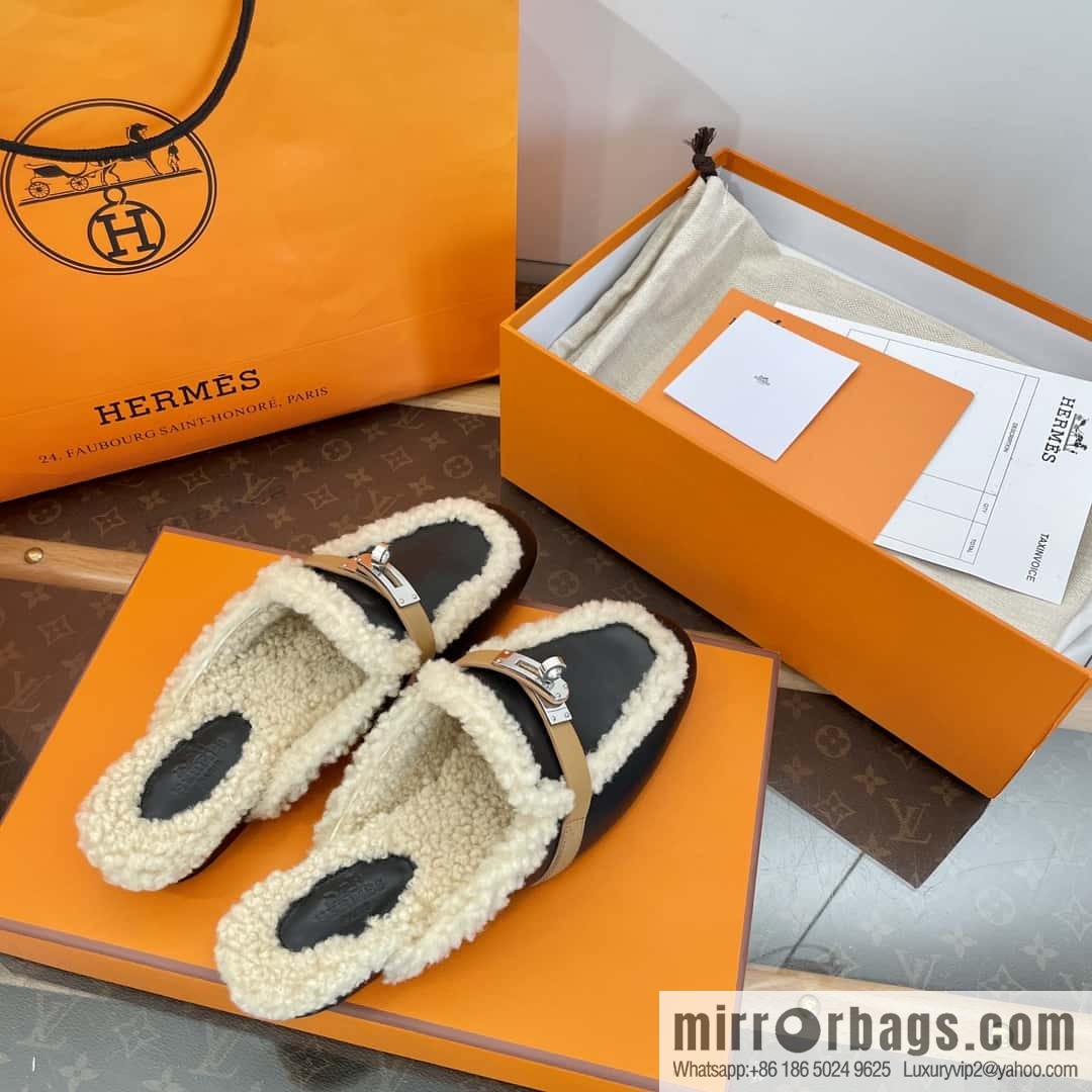 Hermès Sheepskin Button Muller Half Trail Fluffy Shoes