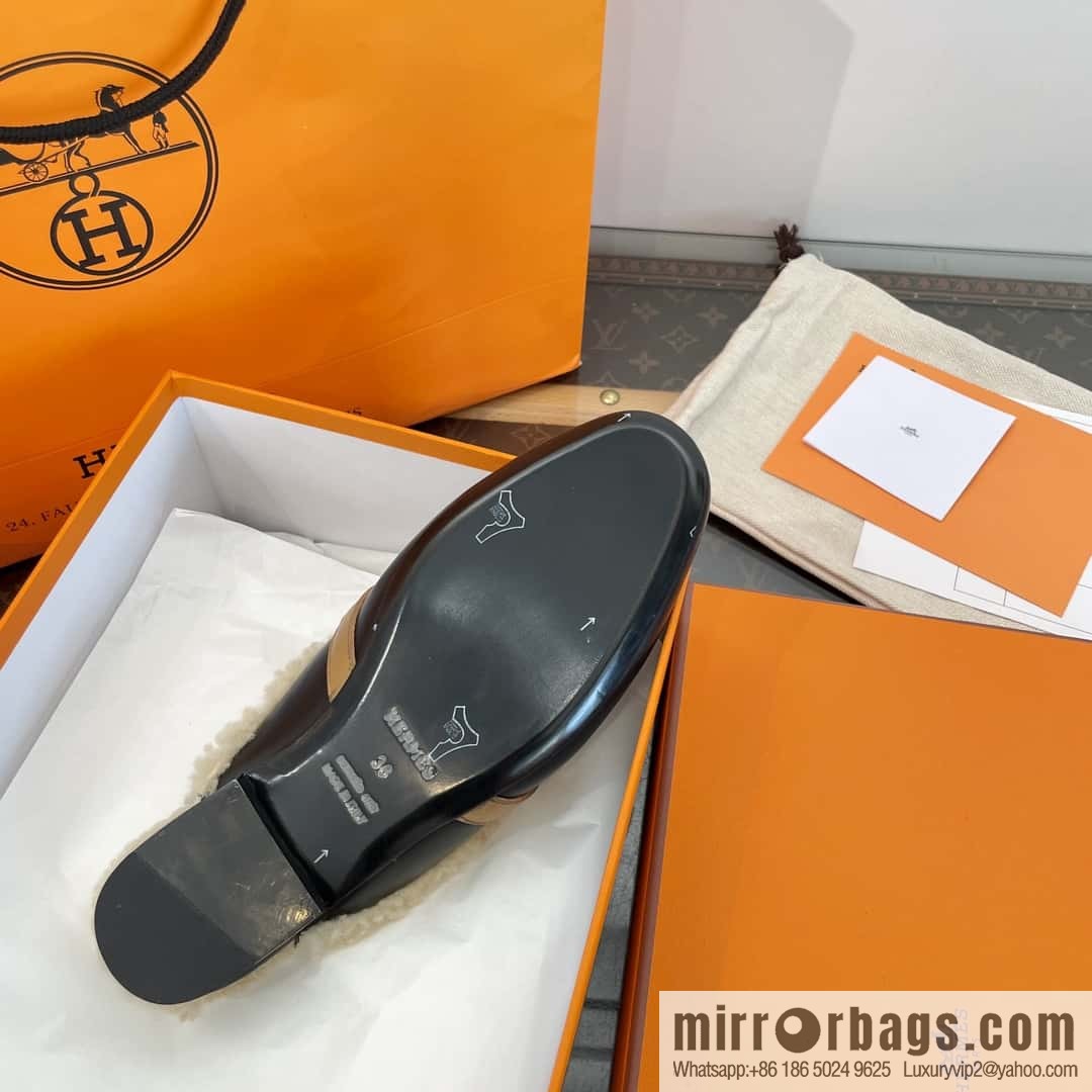 Hermès Sheepskin Button Muller Half Trail Fluffy Shoes
