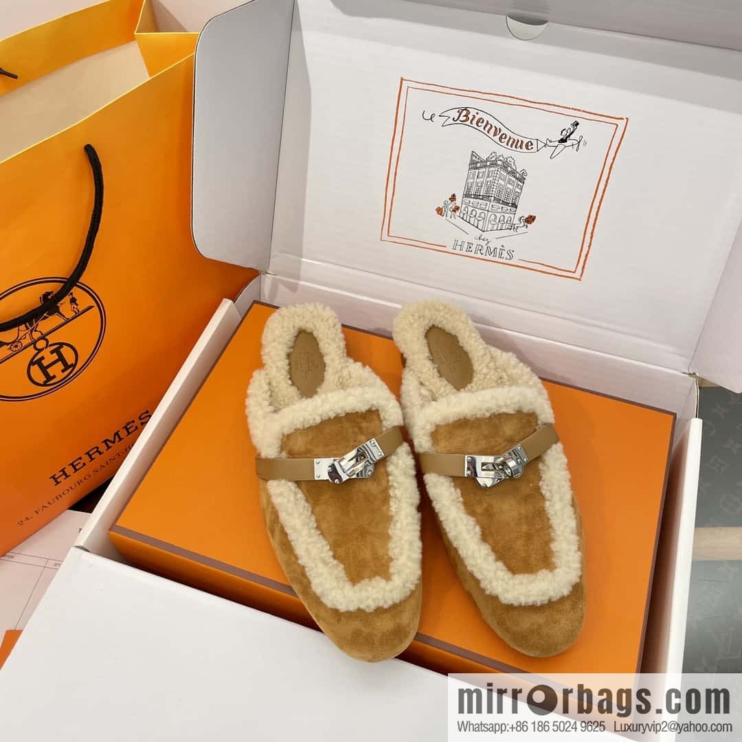 Hermès Sheepskin Button Muller Half Trail Fluffy Shoes