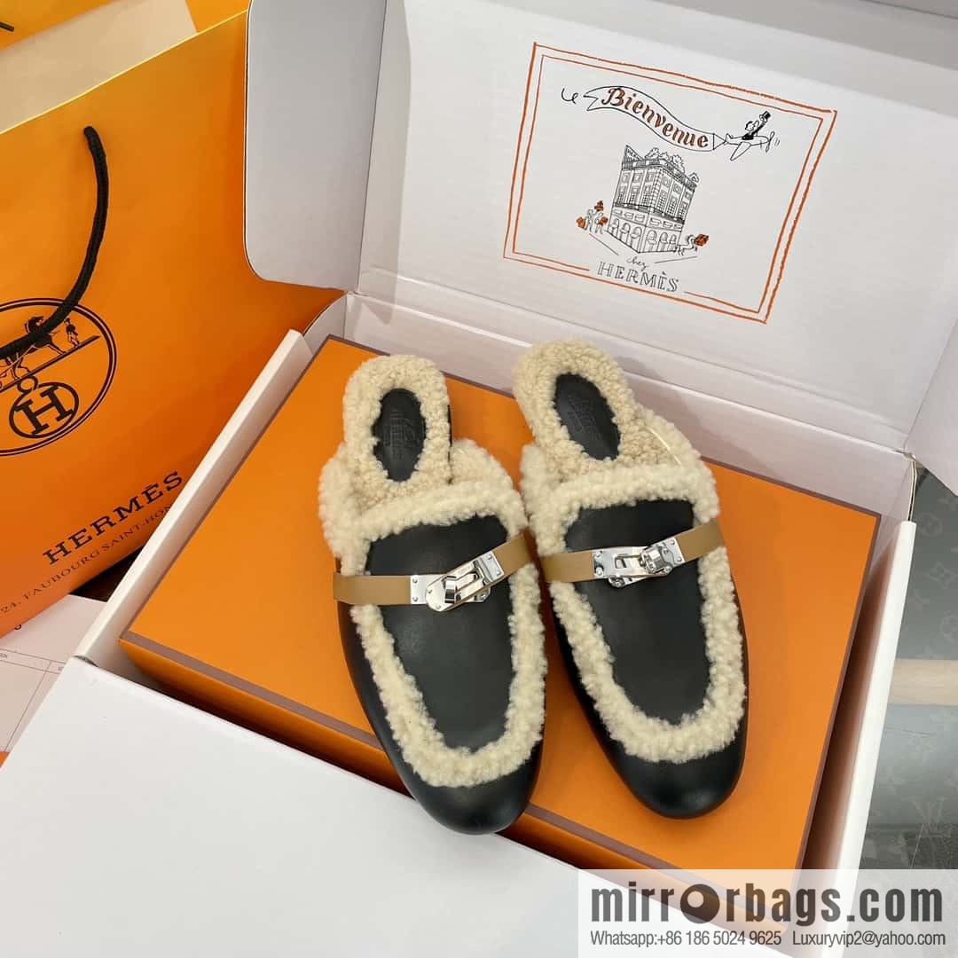 Hermès Sheepskin Button Muller Half Trail Fluffy Shoes