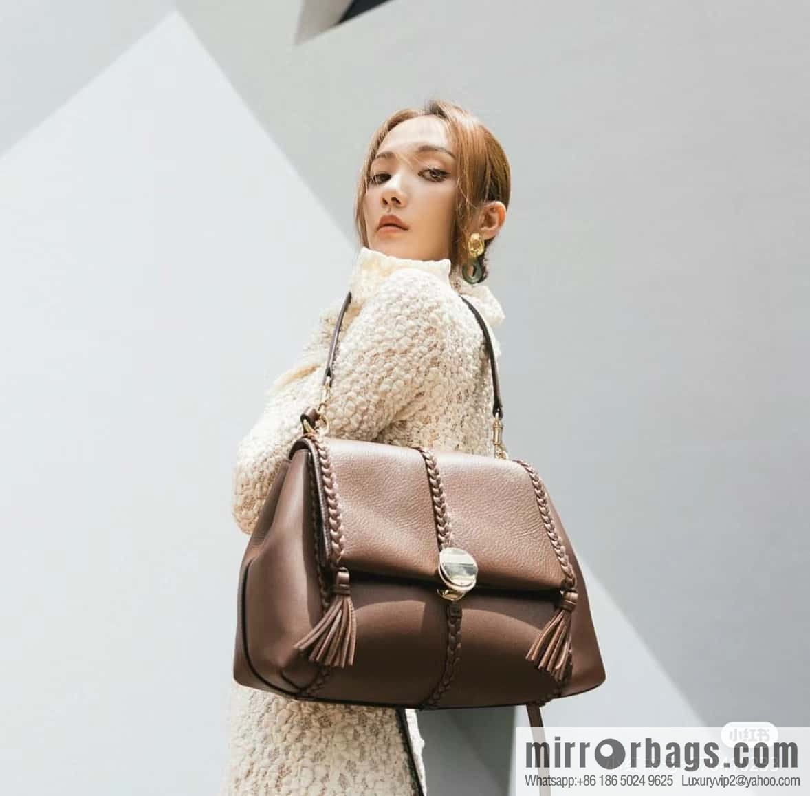Chloe Penelope Gold Coin Bag, Large Dropped Leather, Brown 35cm