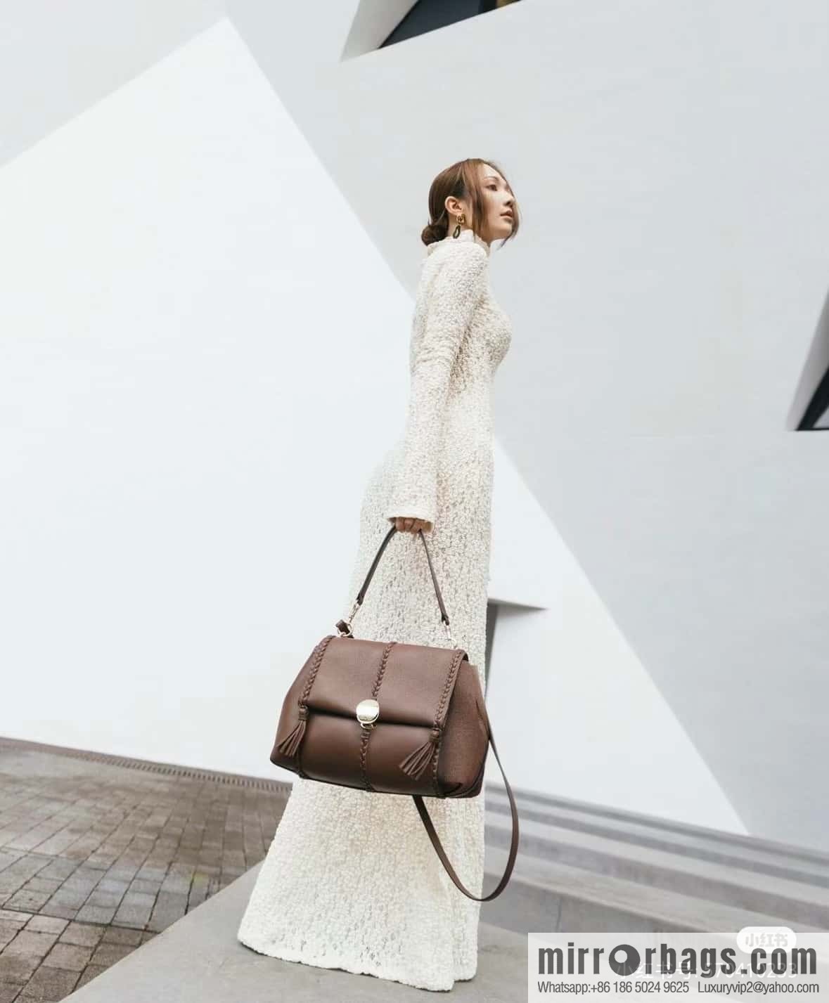 Chloe Penelope Gold Coin Bag, Large Dropped Leather, Brown 35cm