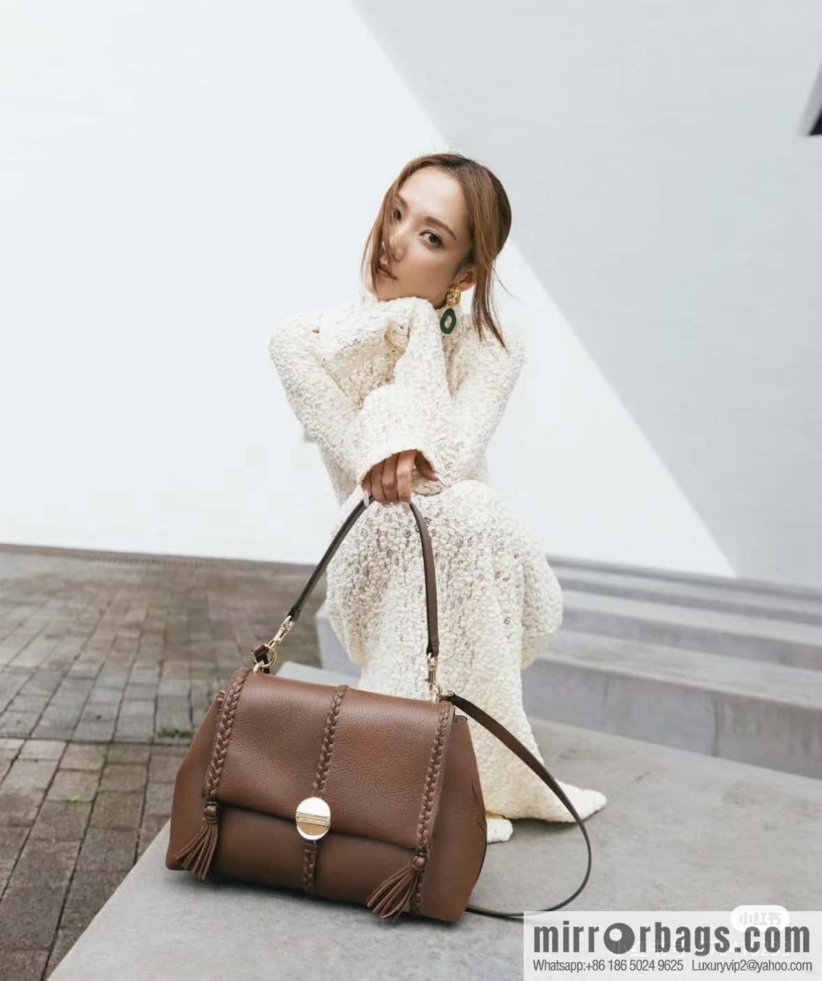 Chloe Penelope Gold Coin Bag, Large Dropped Leather, Brown 35cm