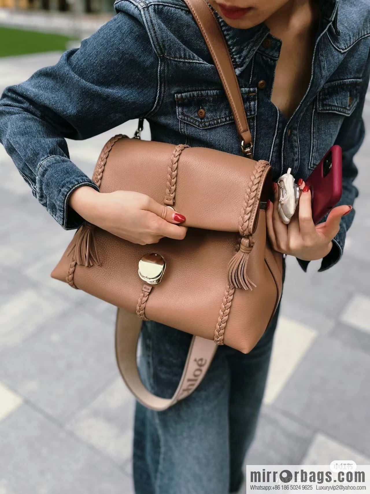 Chloe Penelope Gold Coin Bag, Large Dropped Leather, Brown 35cm