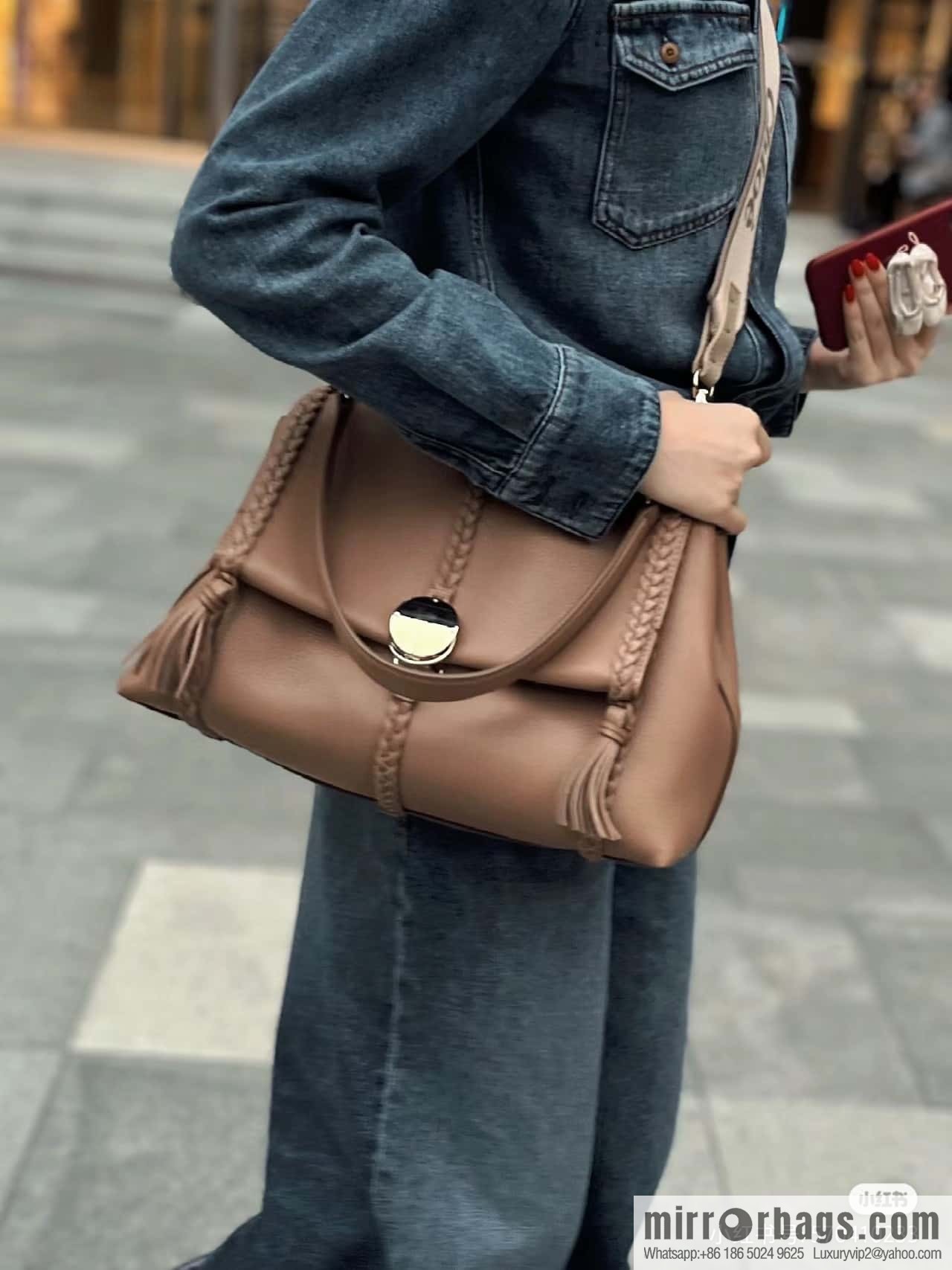 Chloe Penelope Gold Coin Bag, Large Dropped Leather, Brown 35cm