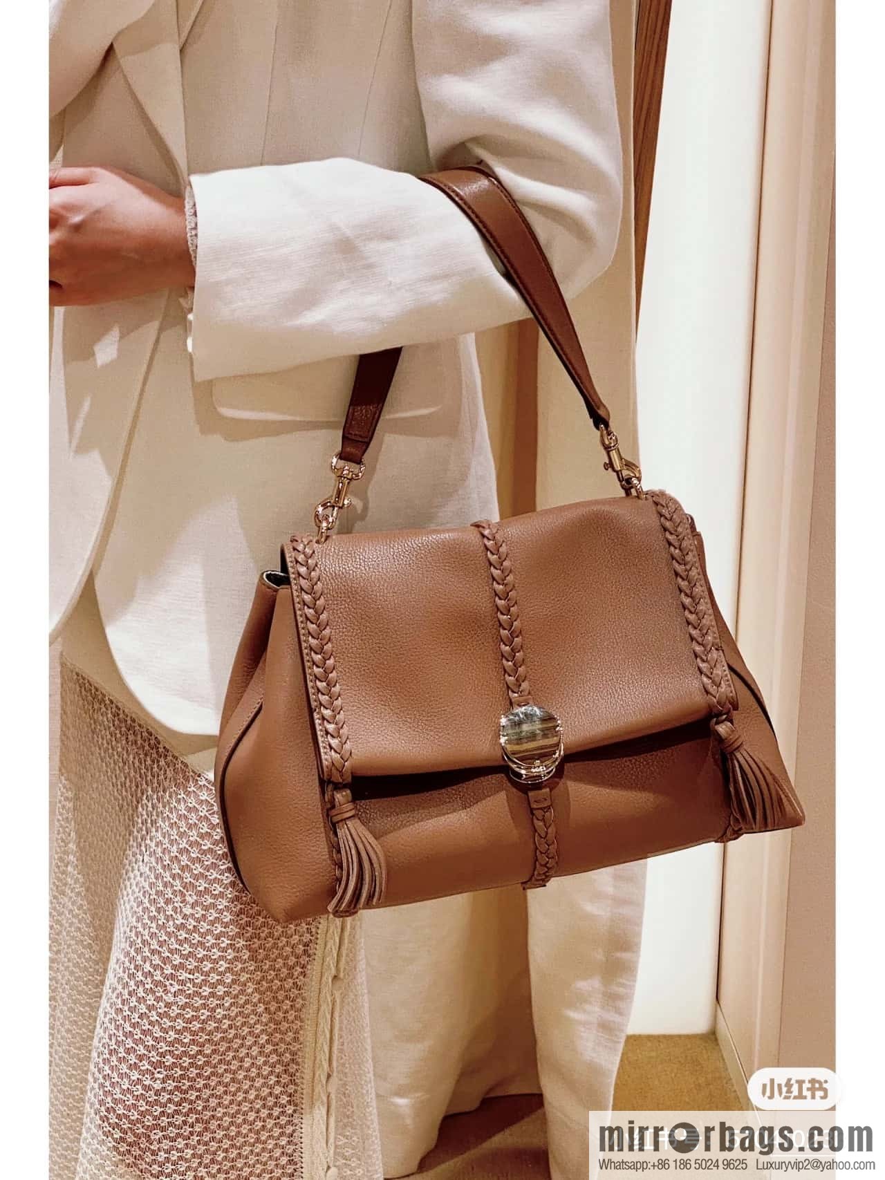 Chloe Penelope Gold Coin Bag, Large Dropped Leather, Brown 35cm