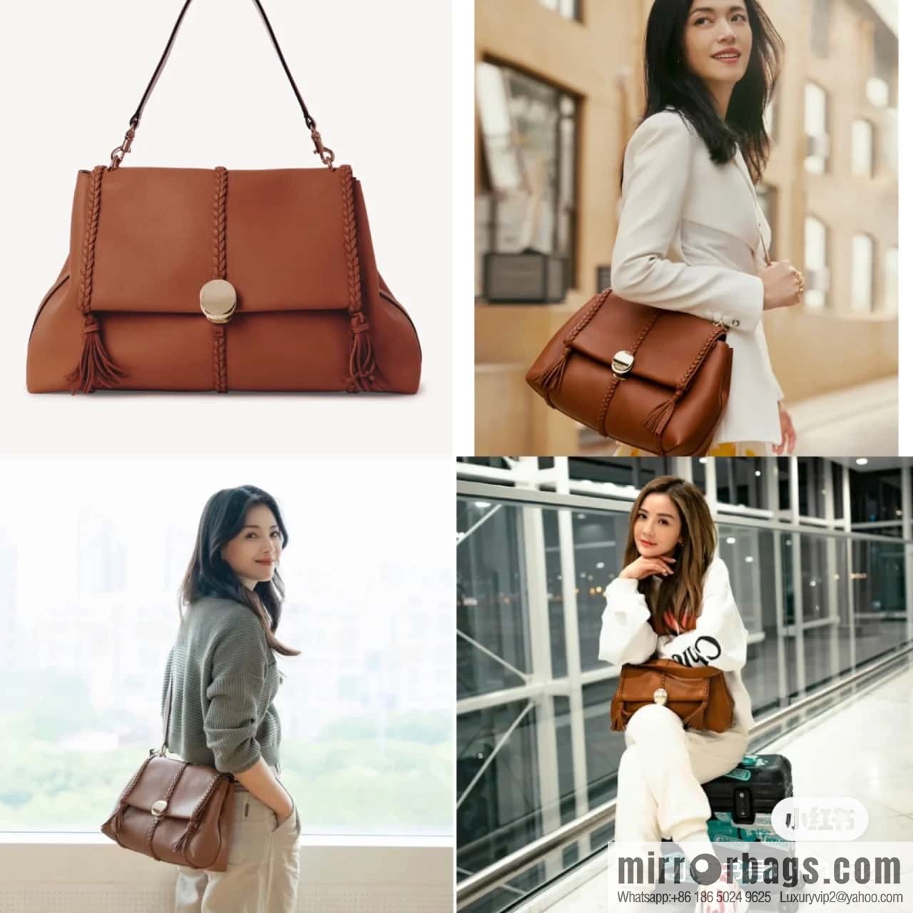 Chloe Penelope Gold Coin Bag, Large Dropped Leather, Brown 35cm