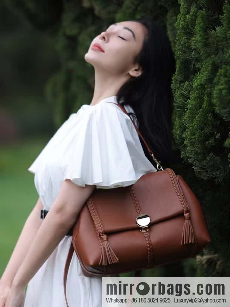 Chloe Penelope Gold Coin Bag, Large Dropped Leather, Brown 35cm