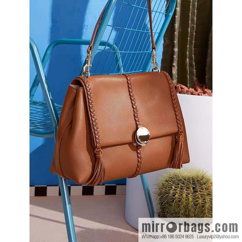 Chloe Penelope Gold Coin Bag, Large Dropped Leather, Brown 35cm