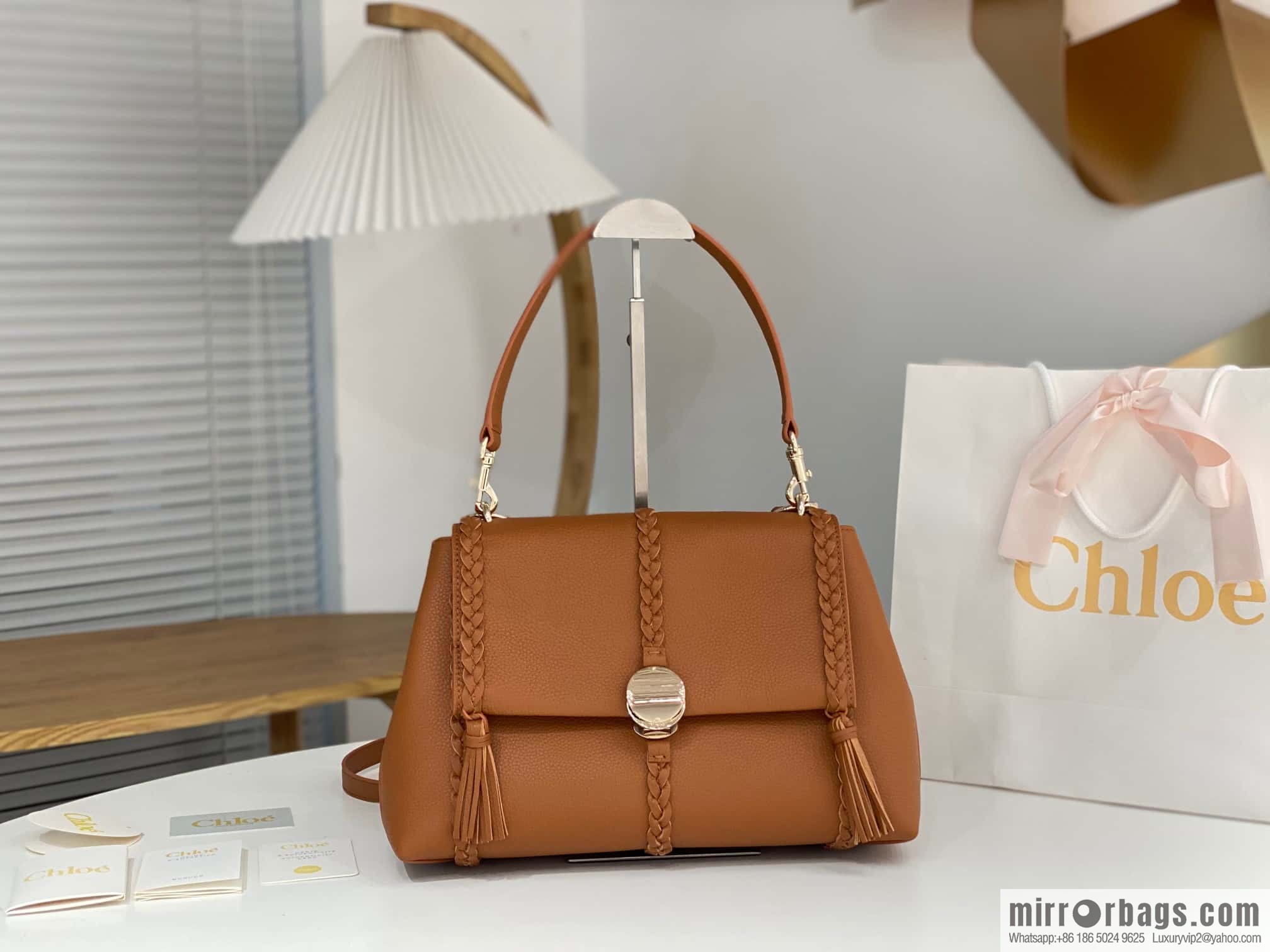 Chloe Penelope Gold Coin Bag, Large Dropped Leather, Brown 35cm