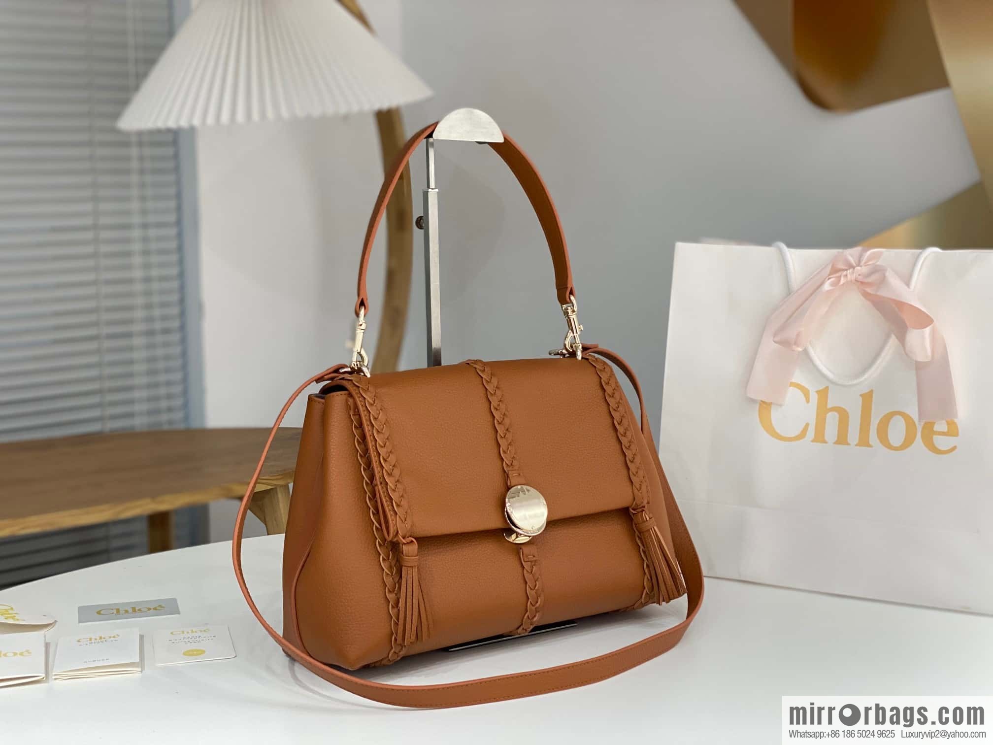 Chloe Penelope Gold Coin Bag, Large Dropped Leather, Brown 35cm