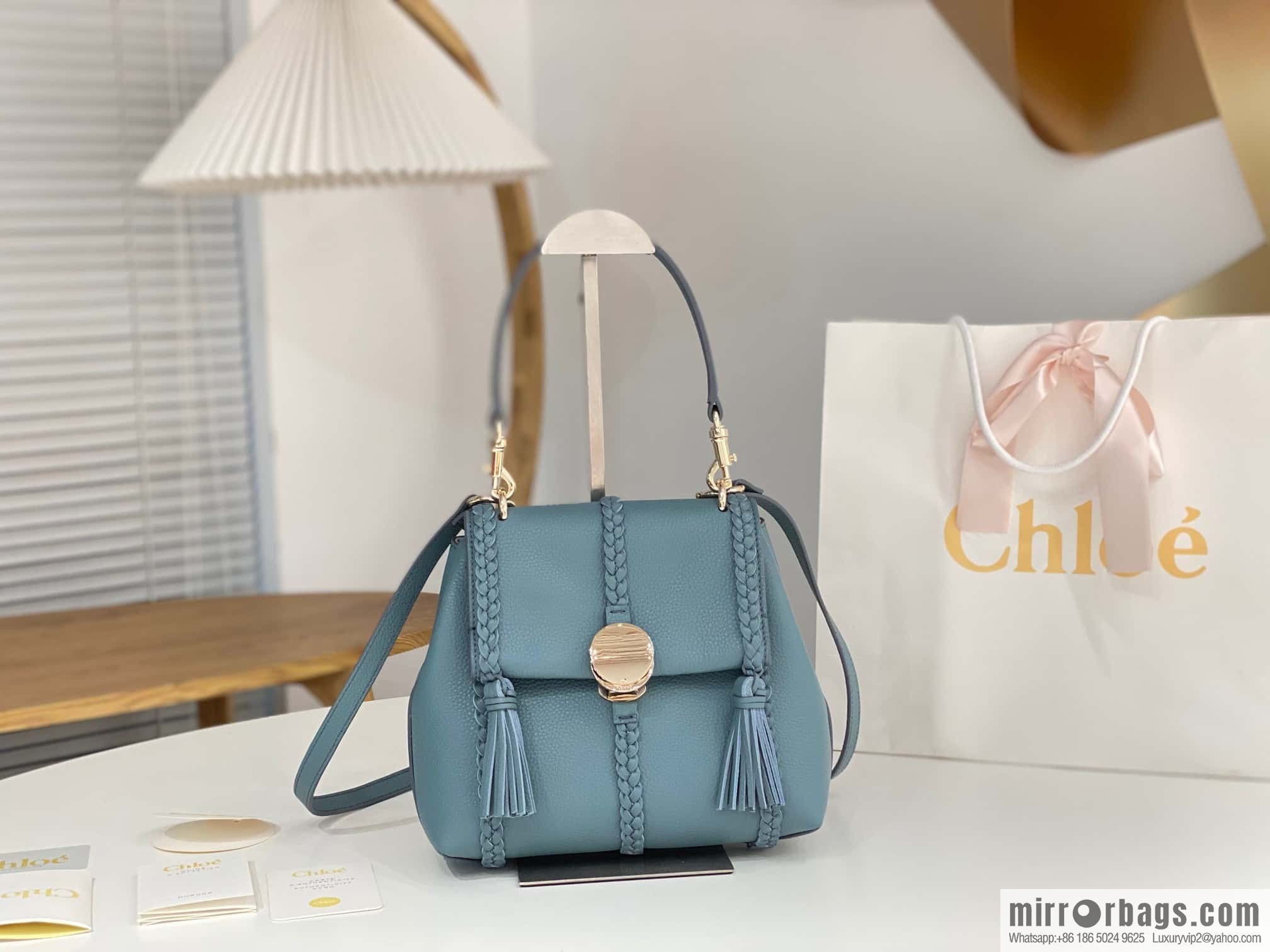 Chloe Penelope Gold Coin Bag, Medium Dropped Leather, Haze Blue 25CM