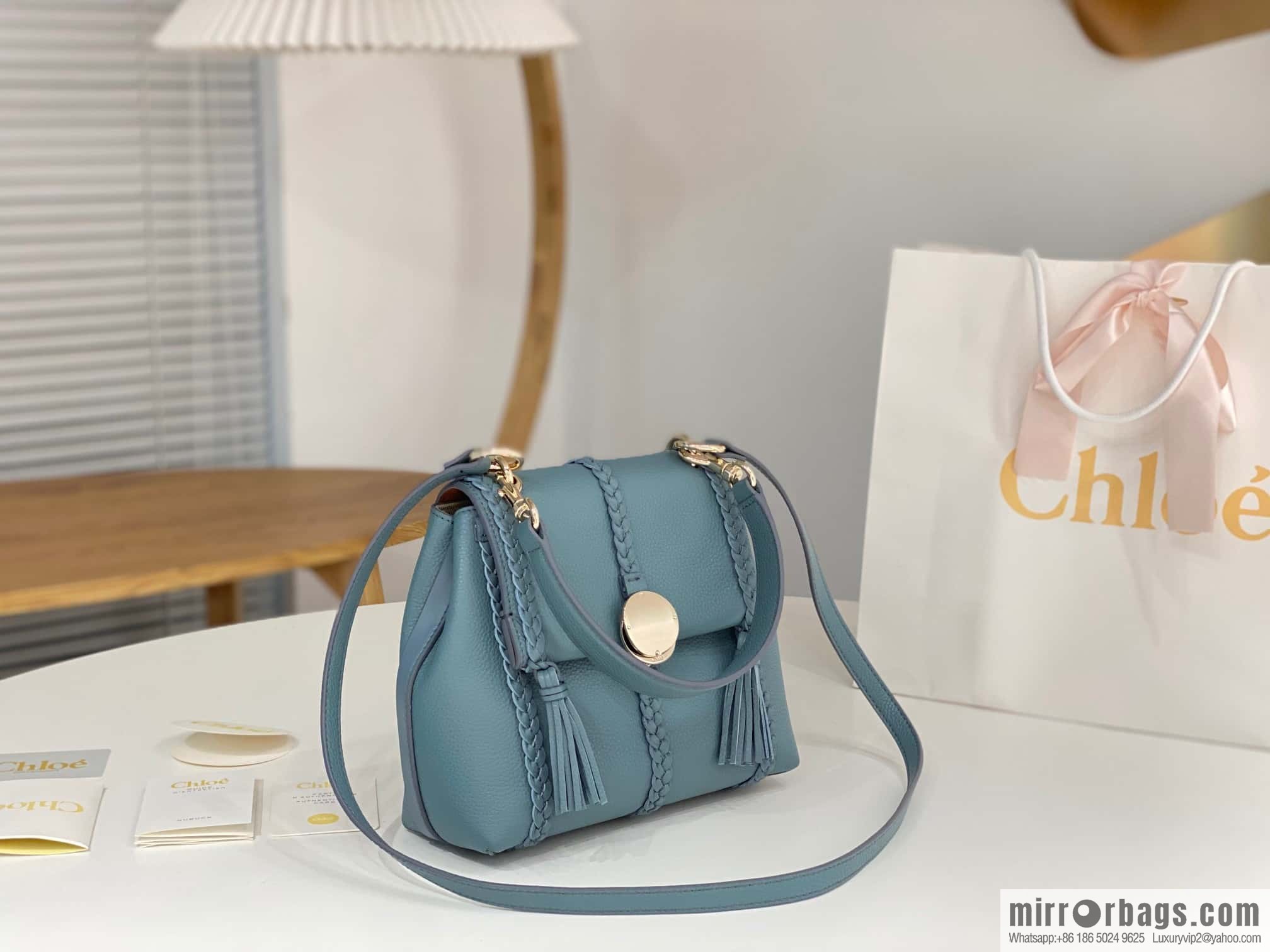 Chloe Penelope Gold Coin Bag, Medium Dropped Leather, Haze Blue 25CM