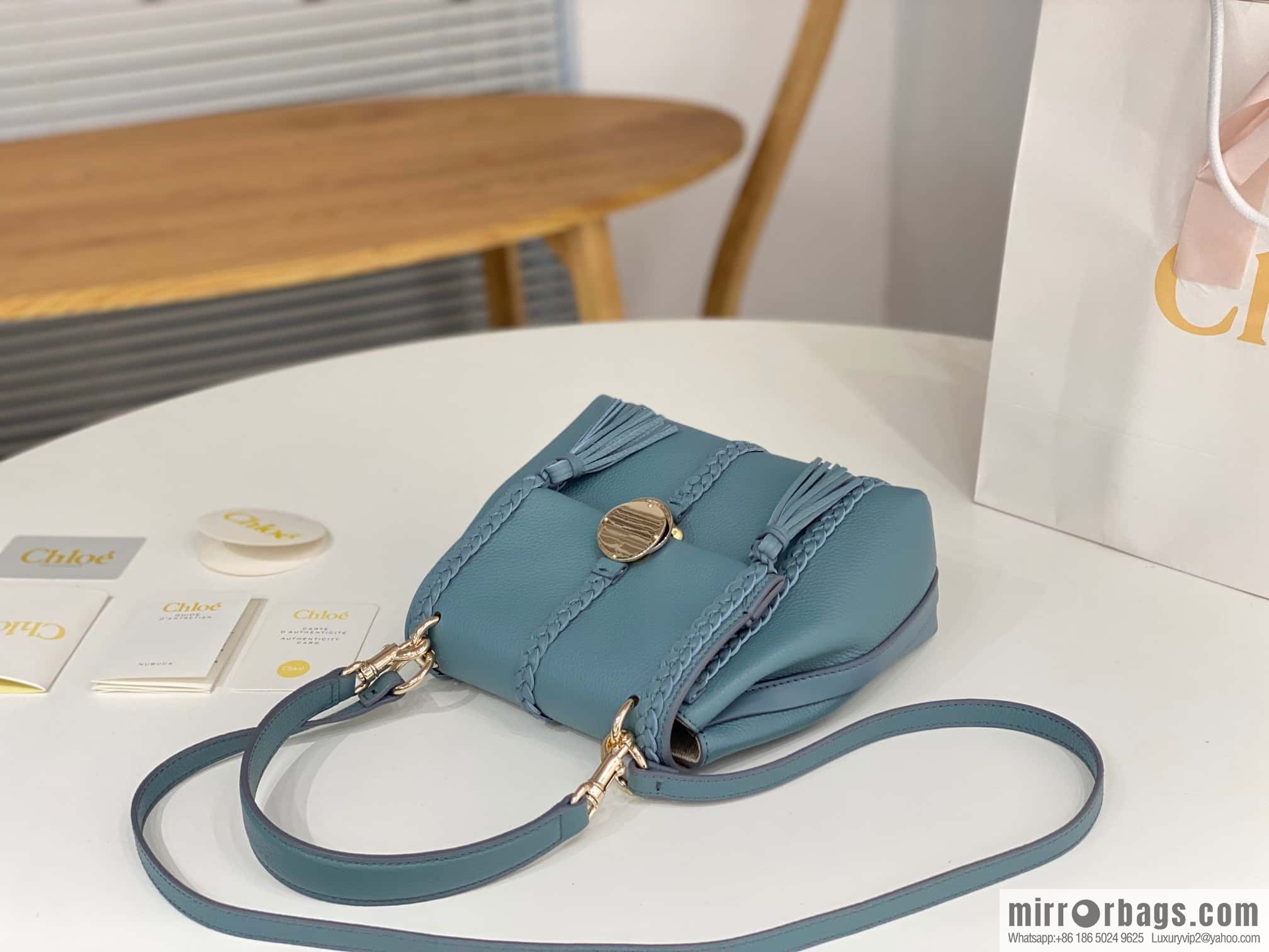 Chloe Penelope Gold Coin Bag, Medium Dropped Leather, Haze Blue 25CM