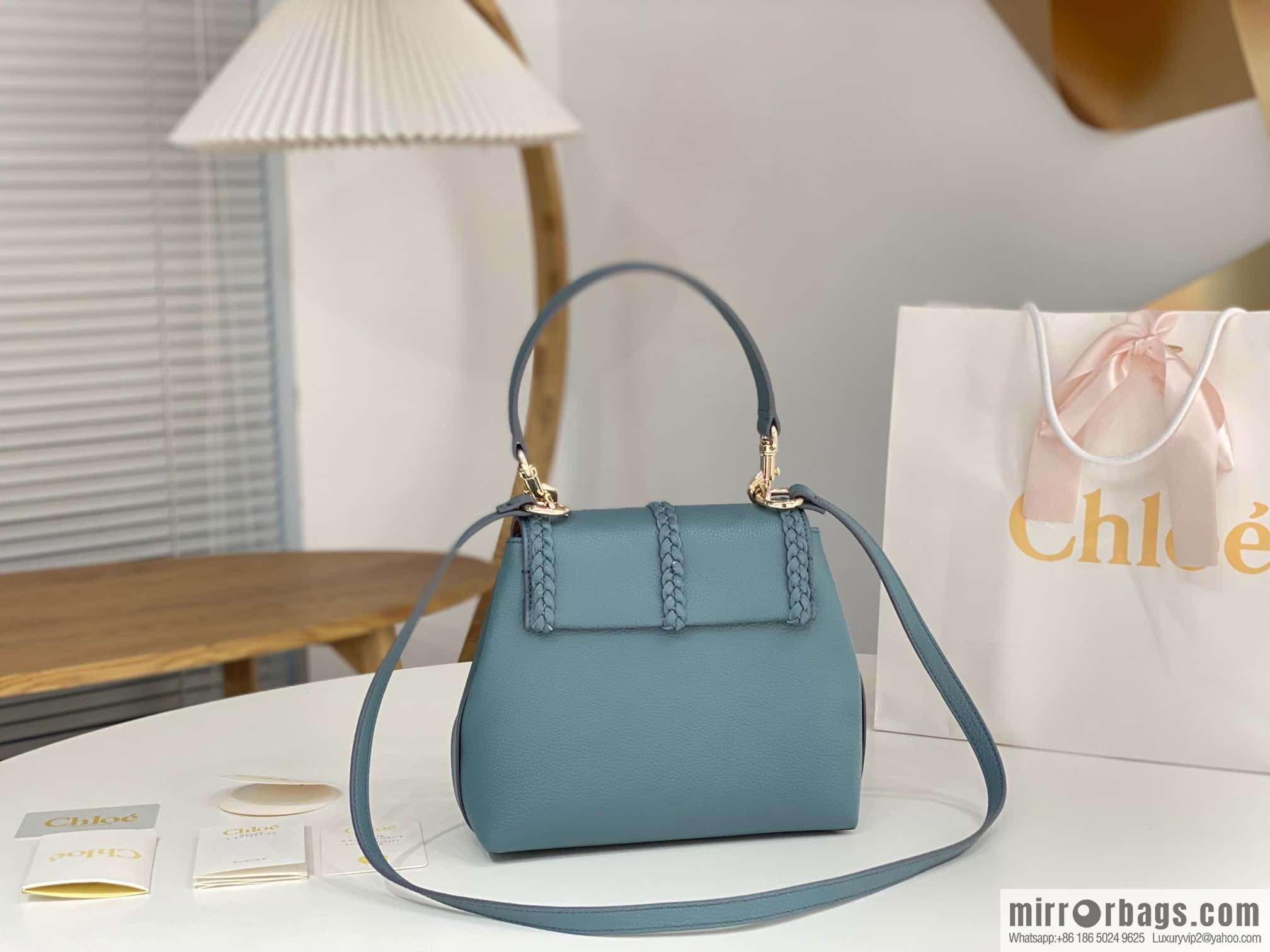 Chloe Penelope Gold Coin Bag, Medium Dropped Leather, Haze Blue 25CM