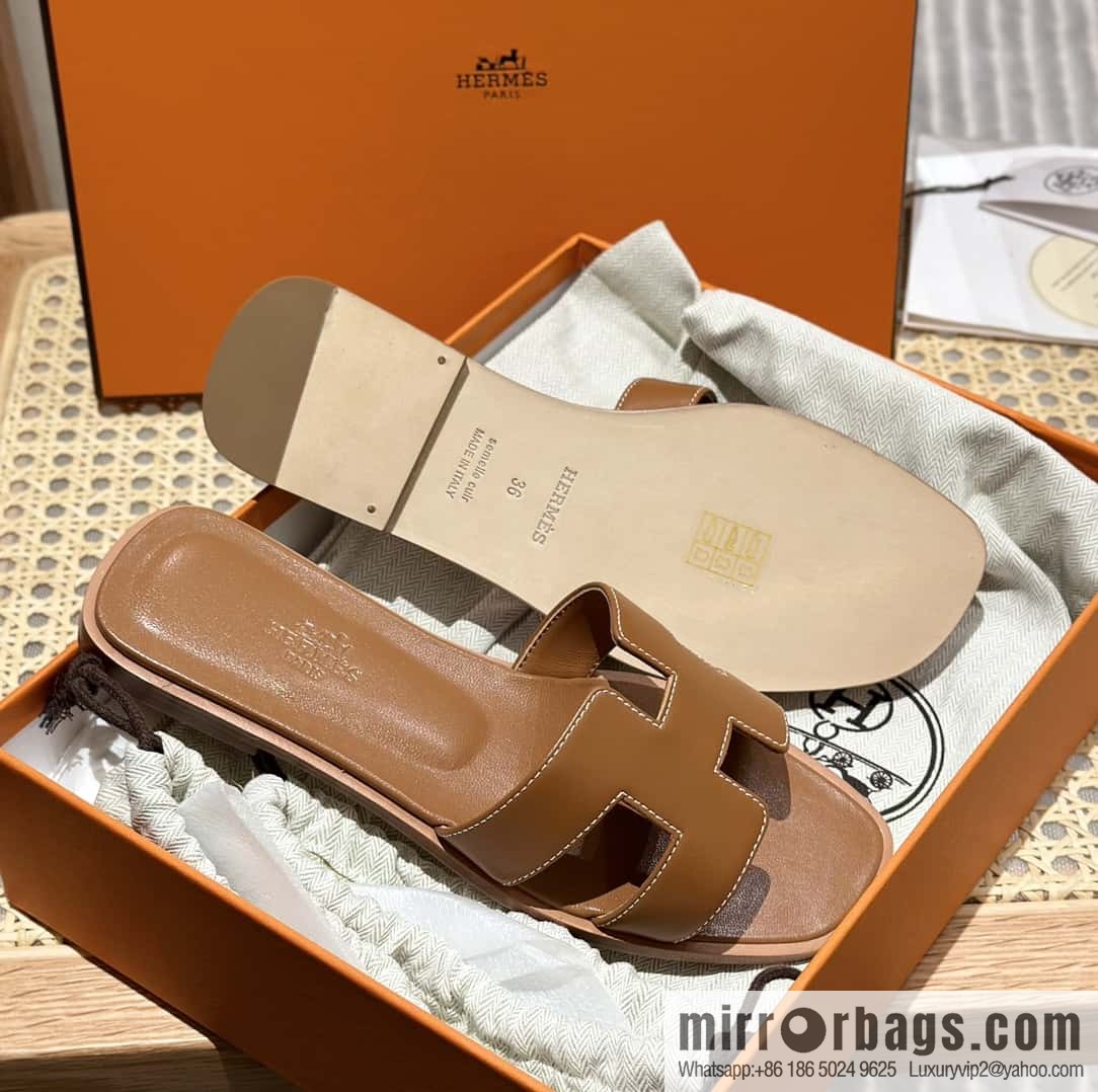 Hermès leather outsole H slippers, brown