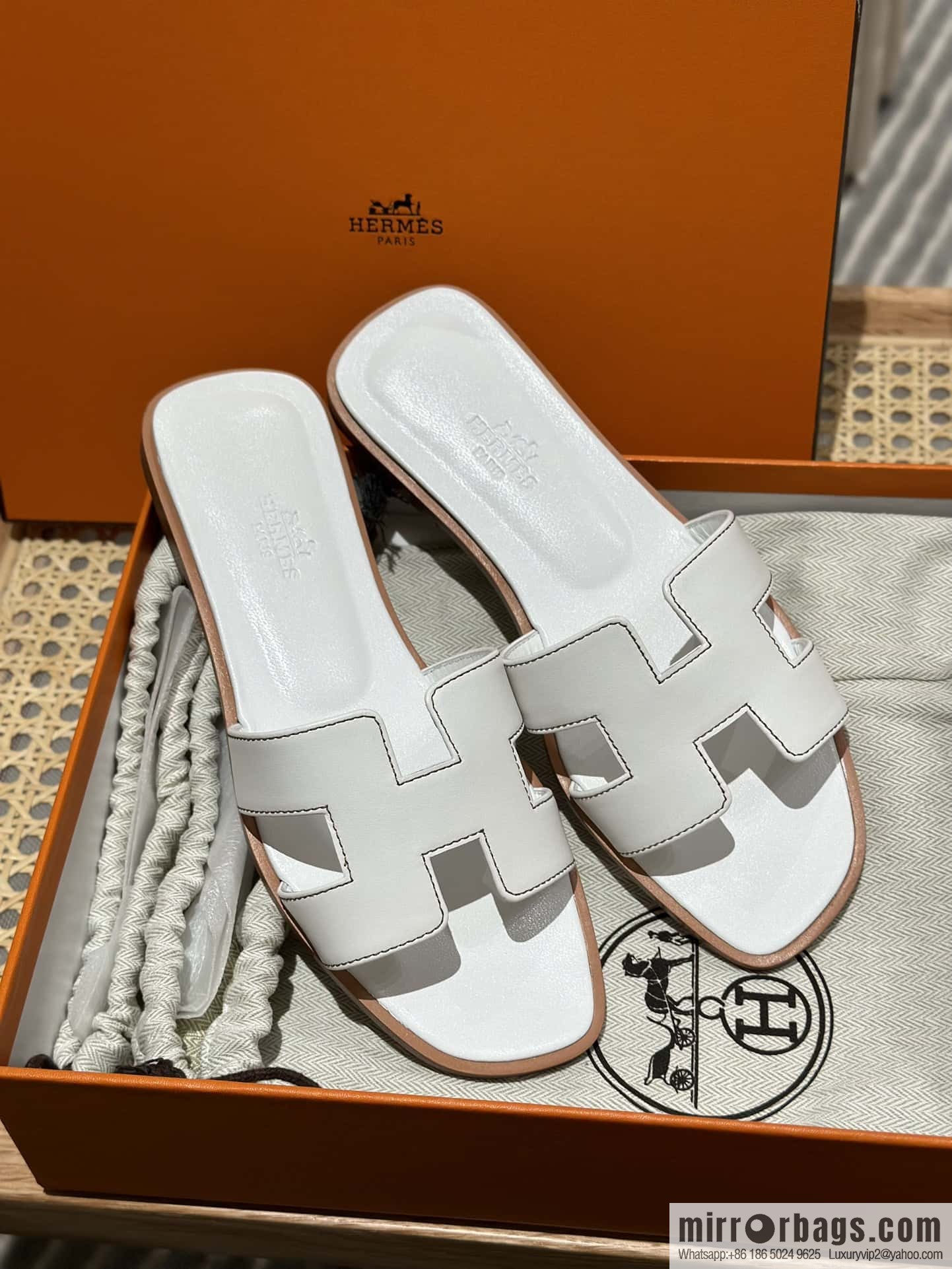 Hermès leather outsole H slippers, white