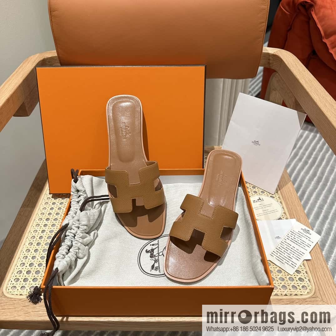 Hermès leather outsole H slippers, brown
