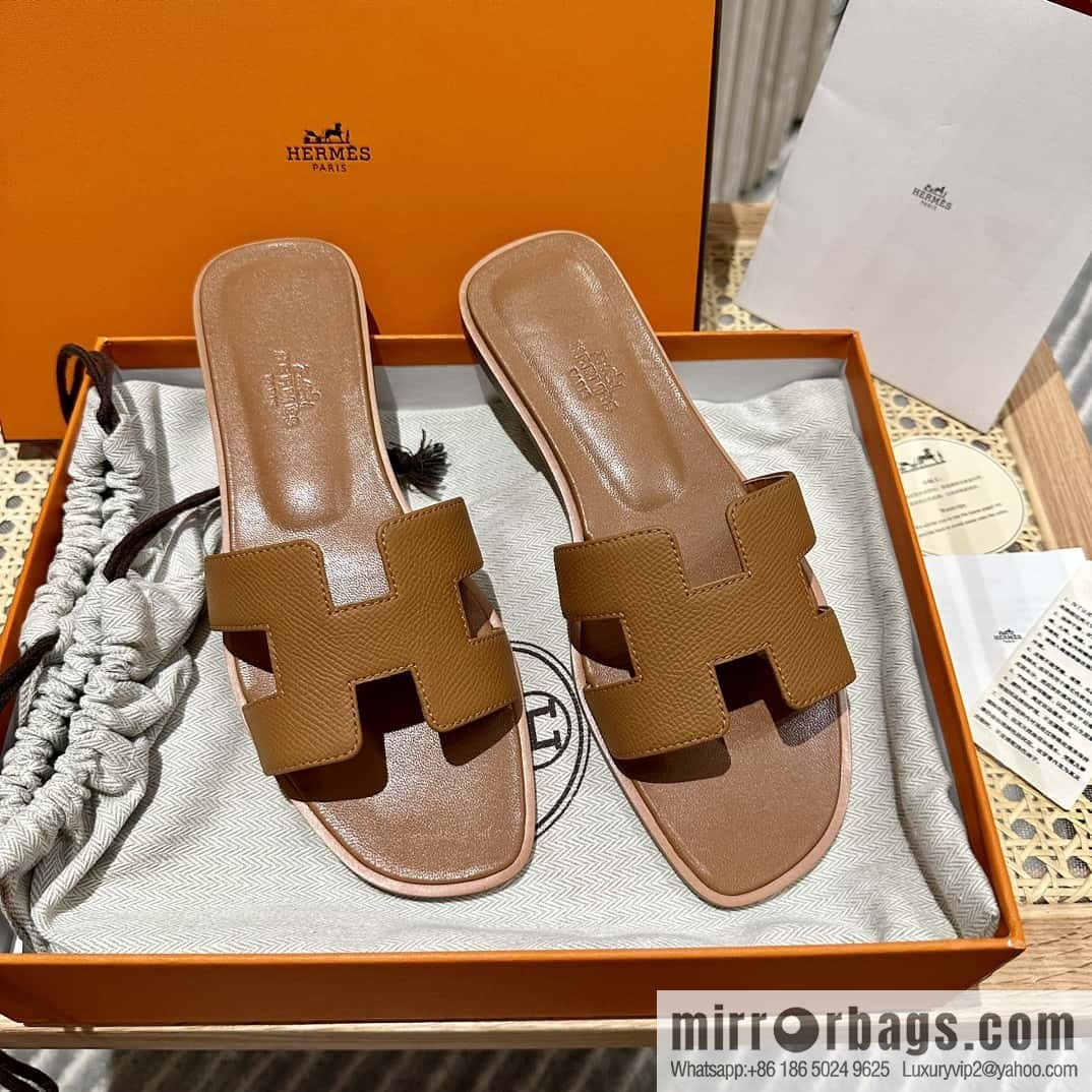 Hermès leather outsole H slippers, brown