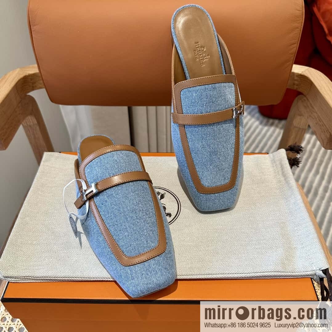 Hermes 2023 latest half-mop muller shoes 🐎🐎🐎 denim blue