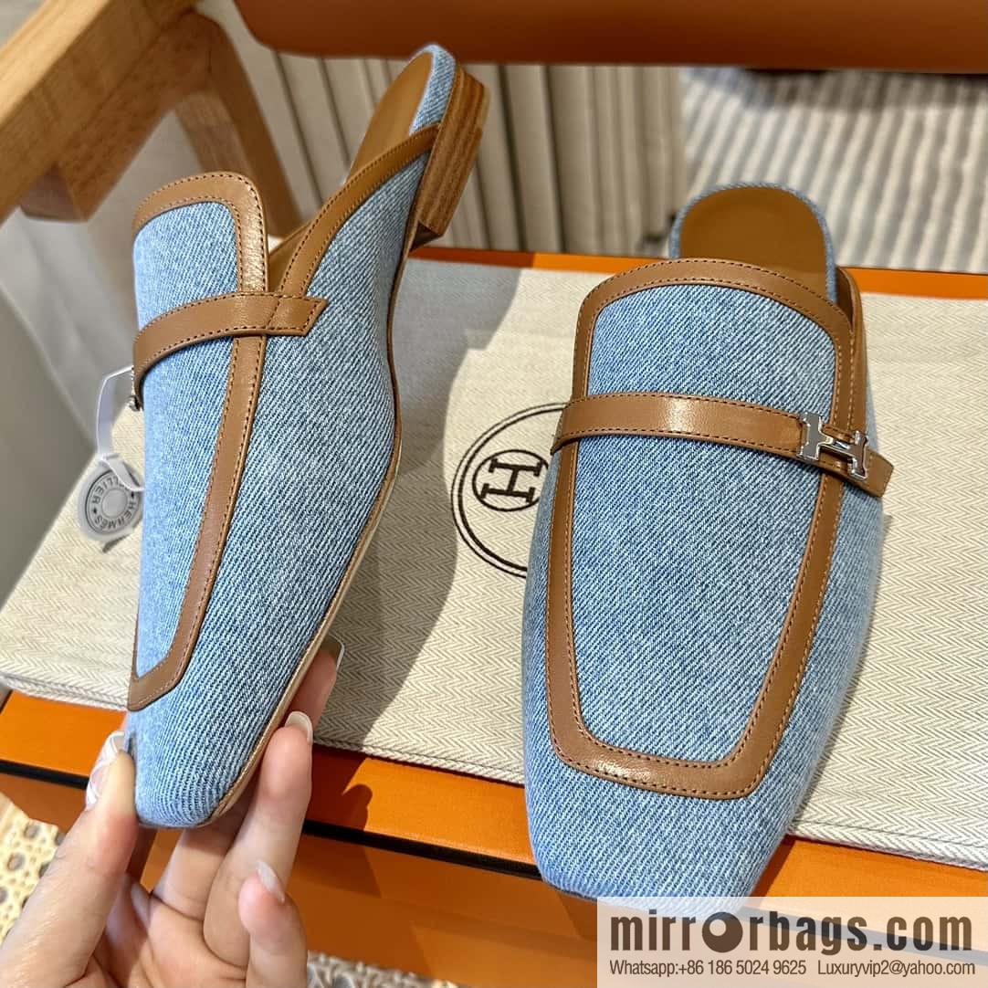 Hermes 2023 latest half-mop muller shoes 🐎🐎🐎 denim blue