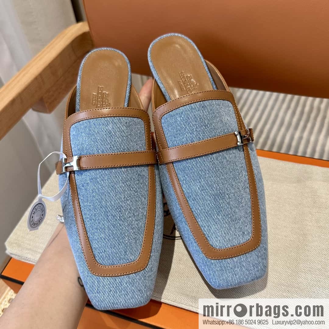 Hermes 2023 latest half-mop muller shoes 🐎🐎🐎 denim blue