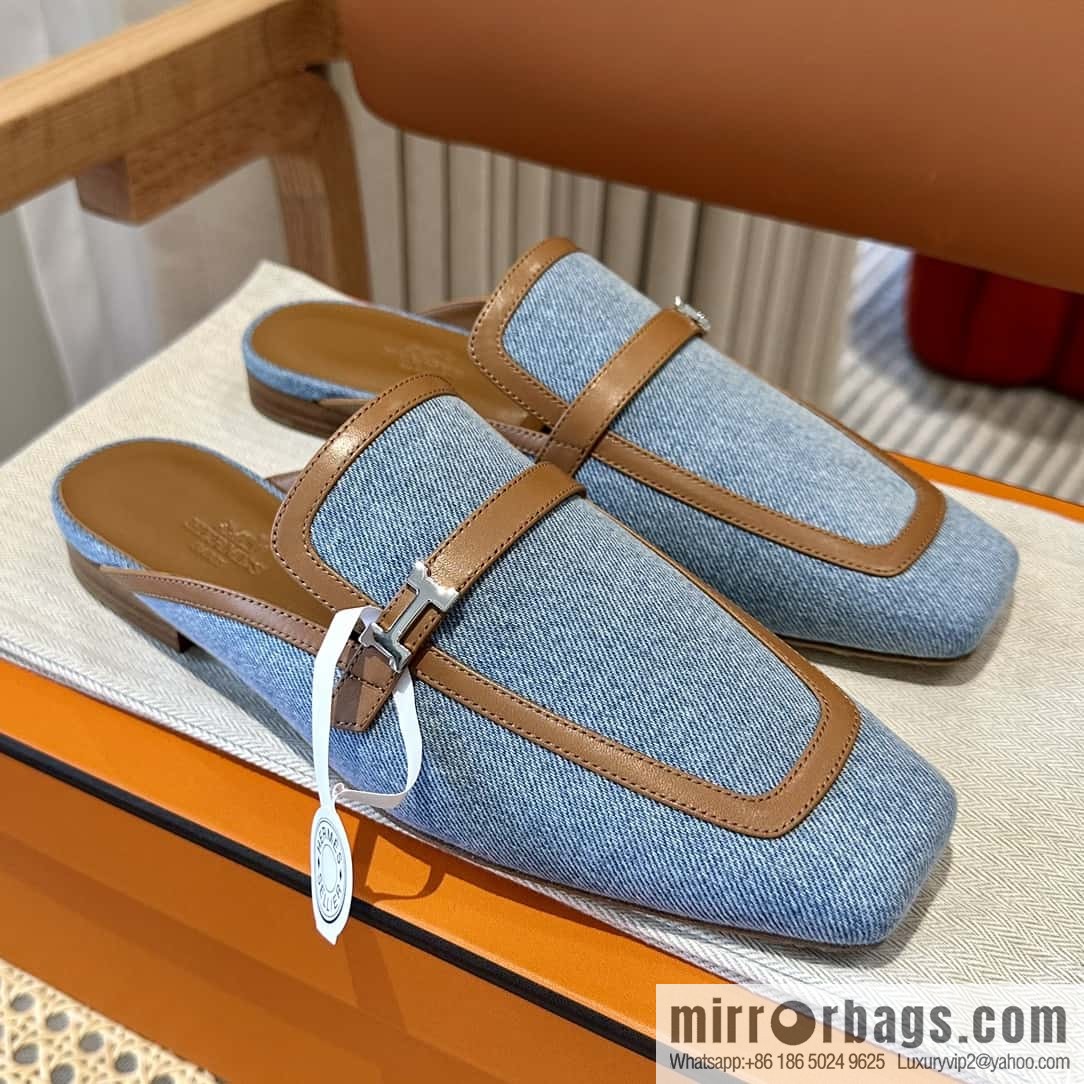 Hermes 2023 latest half-mop muller shoes 🐎🐎🐎 denim blue