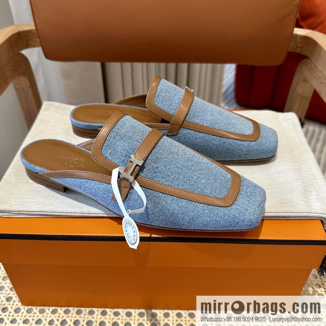 Hermes 2023 latest half-mop muller shoes 🐎🐎🐎 denim blue