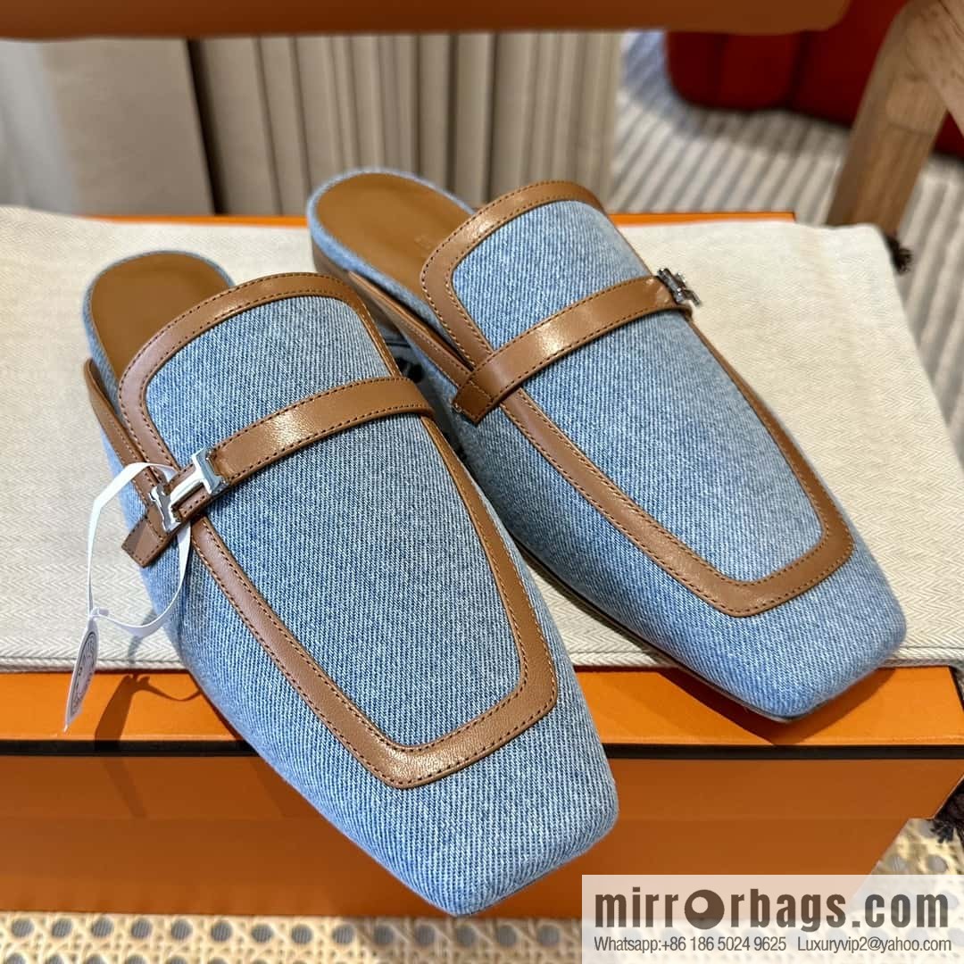Hermes 2023 latest half-mop muller shoes 🐎🐎🐎 denim blue