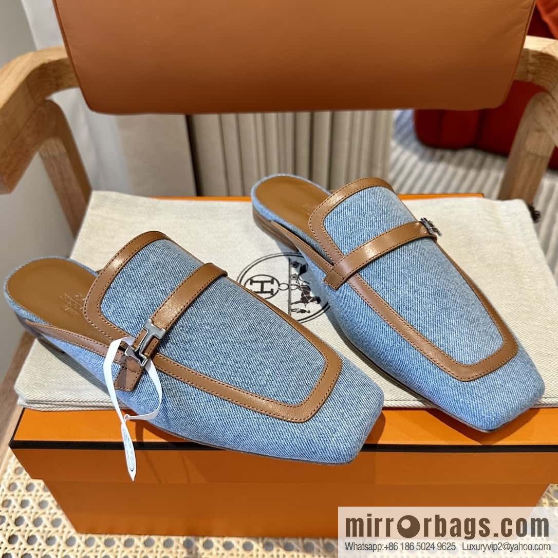 Hermes 2023 latest half-mop muller shoes 🐎🐎🐎 denim blue
