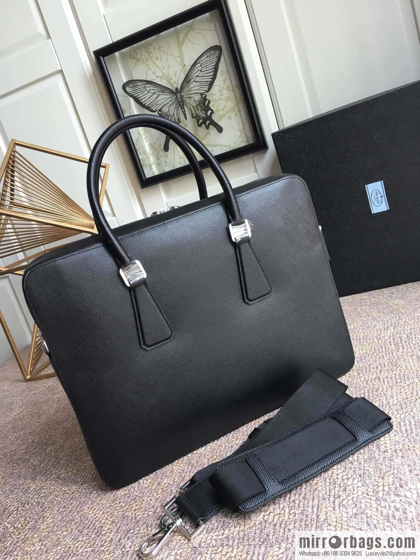 PRADA imported cross pattern leather briefcase 0366B black