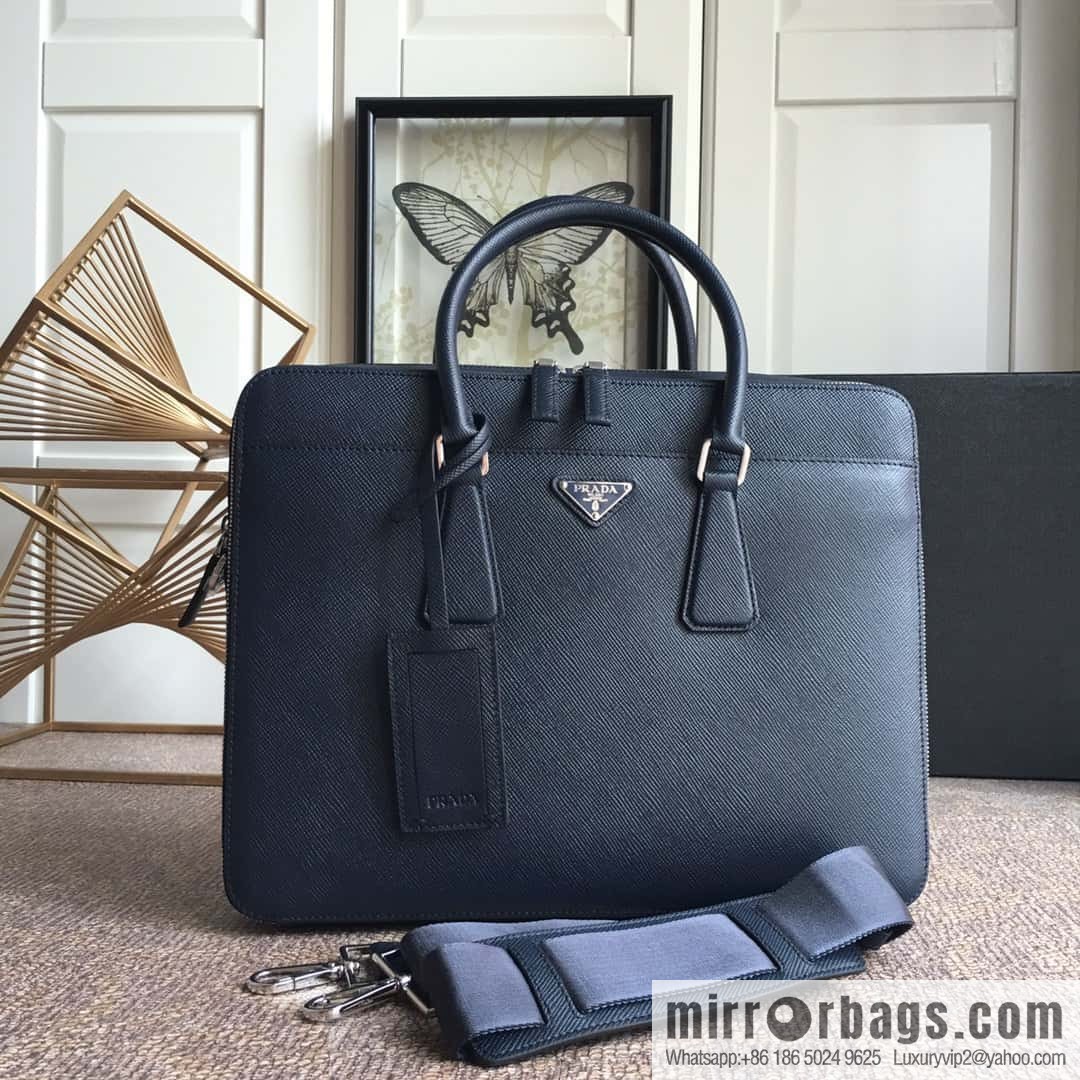 PRADA imported cross pattern leather briefcase 0366B blue