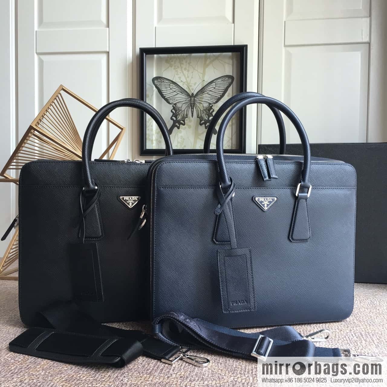 PRADA imported cross pattern leather briefcase 0366B blue