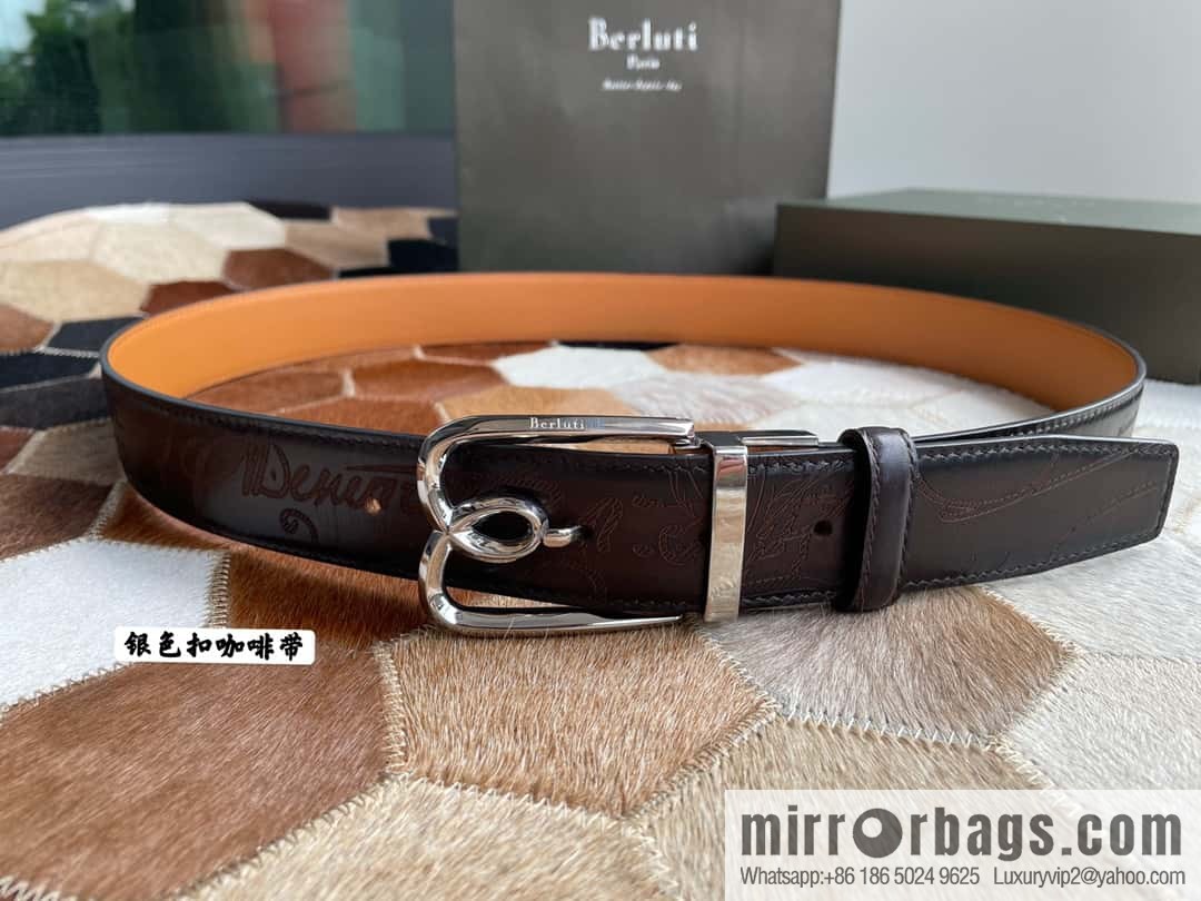 Berluti Stainless Steel Rotary Pin Metal Buckle 35mm Men's Business Belt