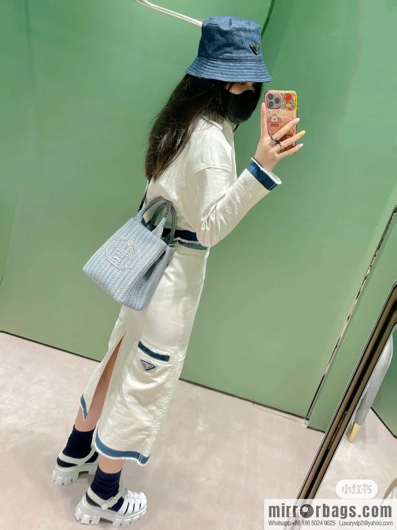 PRADA Prada embroidery tote bag 1BA343 blue