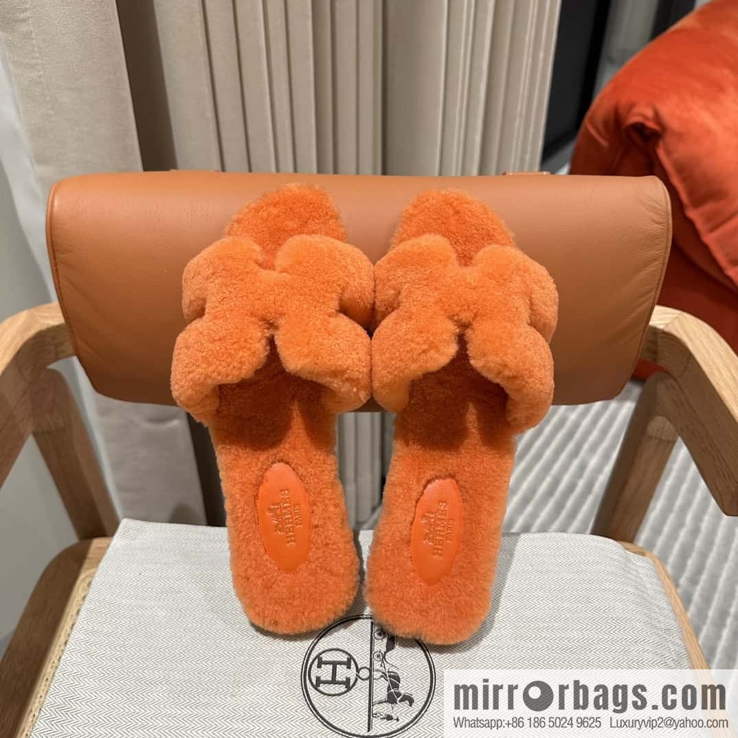 Hermès Lamb Fur H Slippers