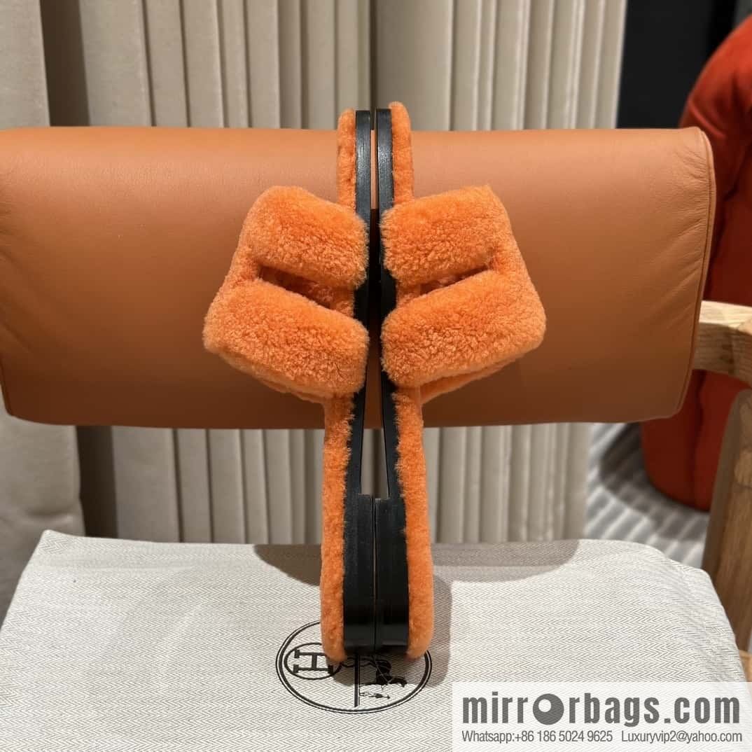 Hermès Lamb Fur H Slippers