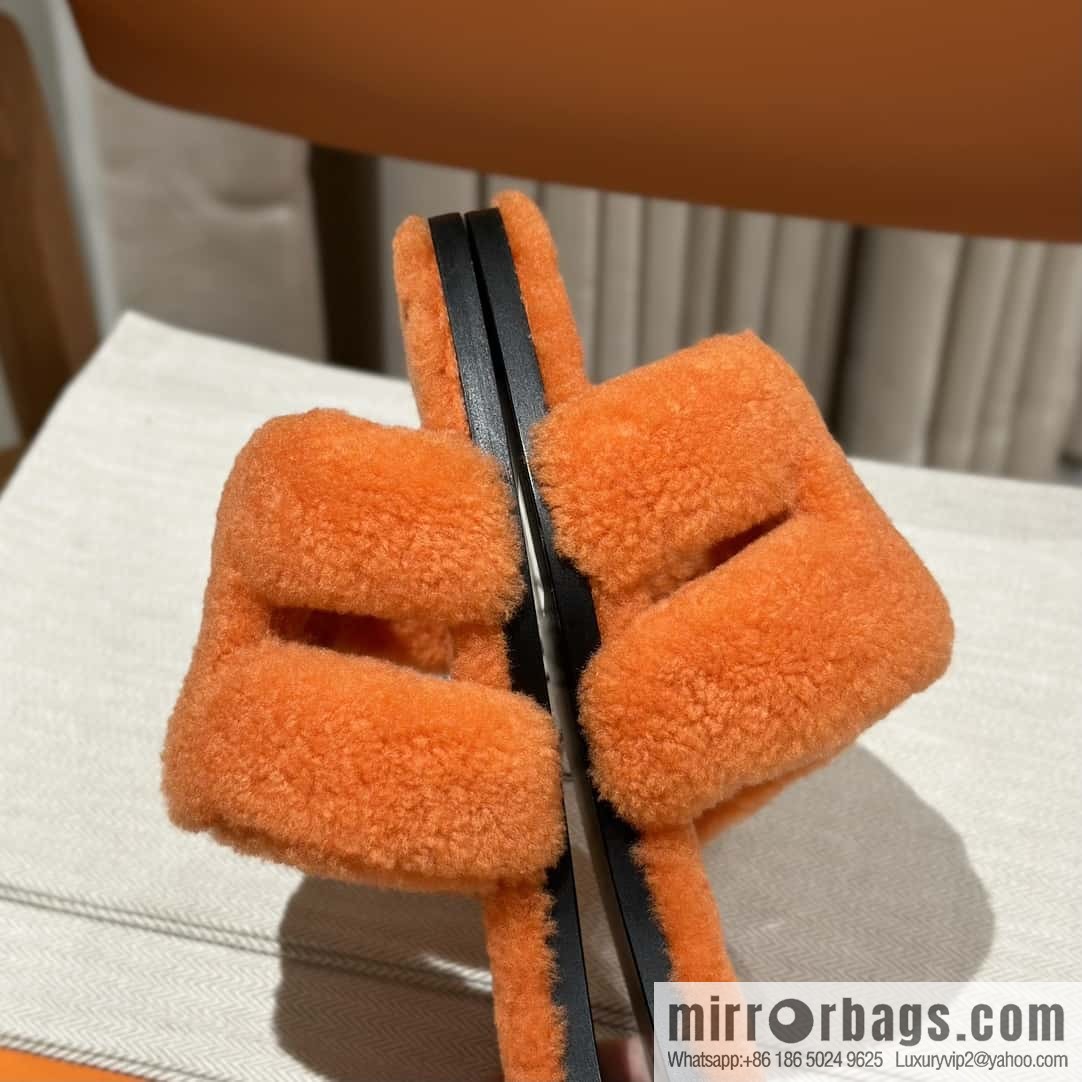 Hermès Lamb Fur H Slippers