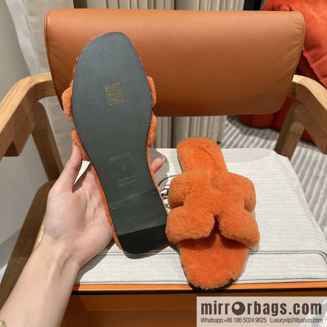 Hermès Lamb Fur H Slippers