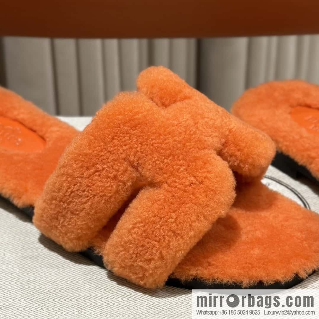 Hermès Lamb Fur H Slippers