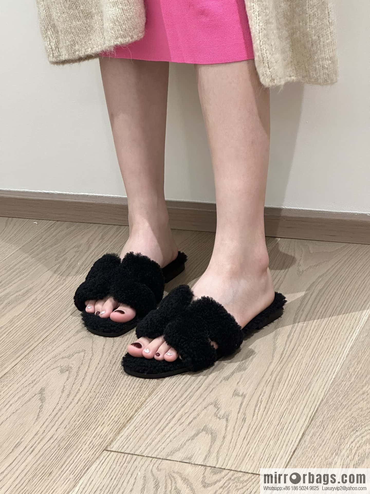 Hermès Lamb Fur H Slippers