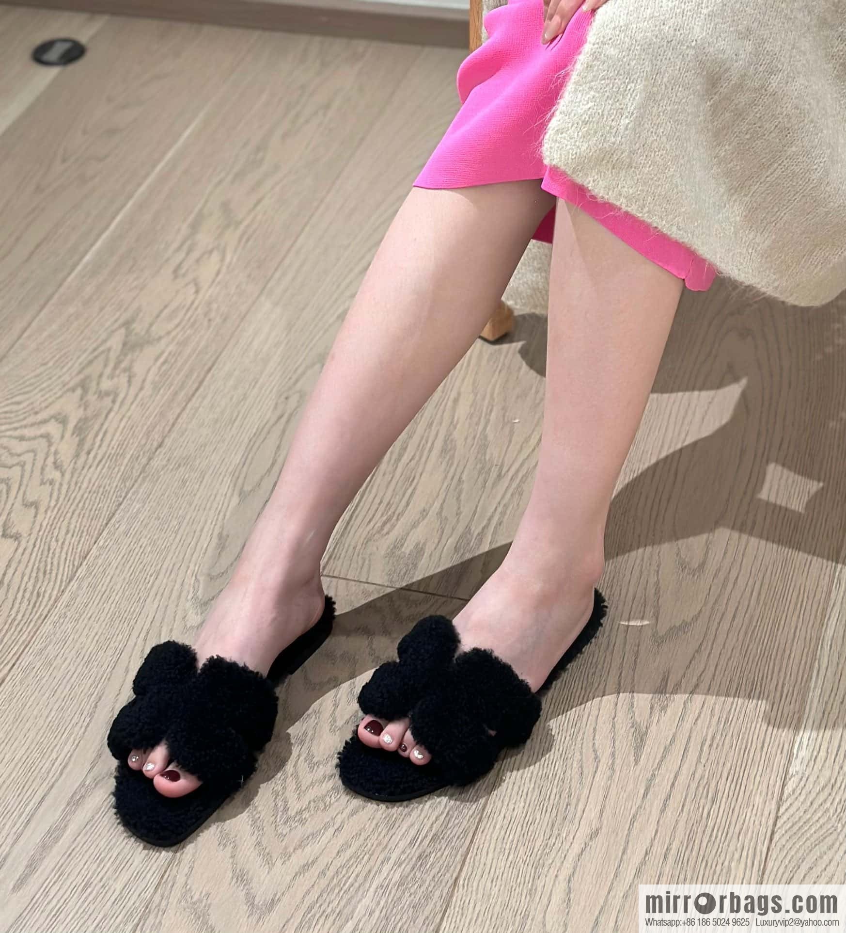 Hermès Lamb Fur H Slippers