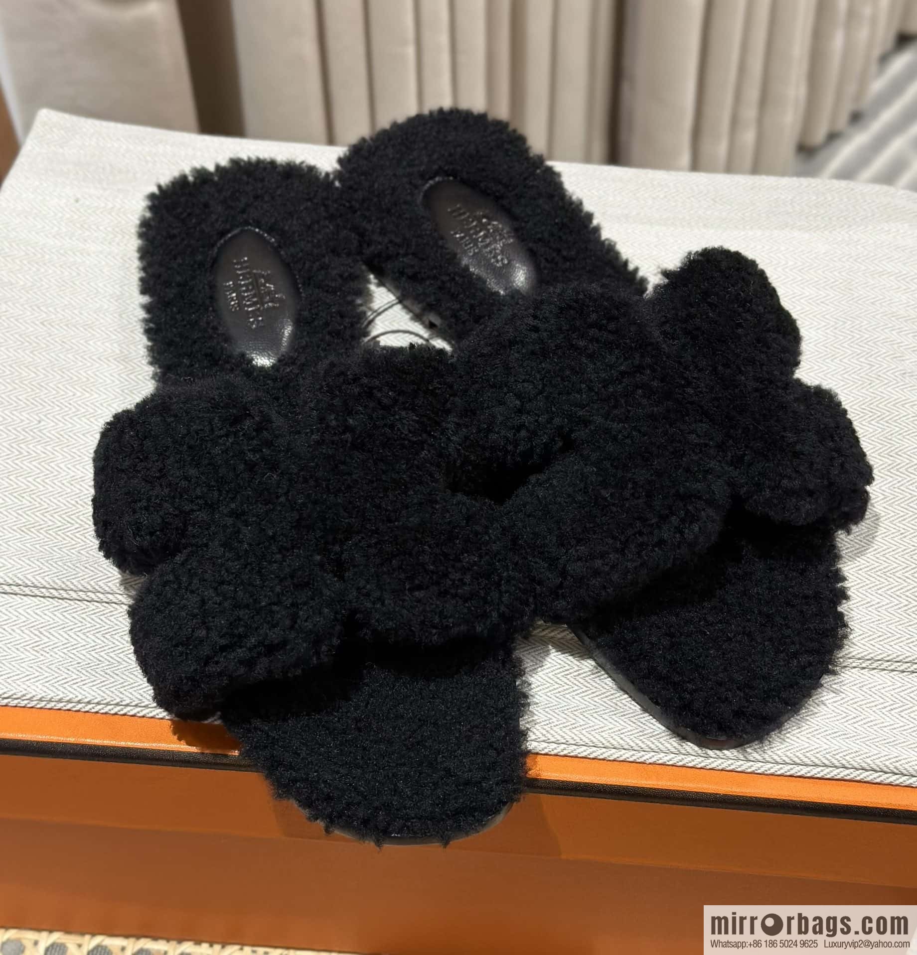 Hermès Lamb Fur H Slippers