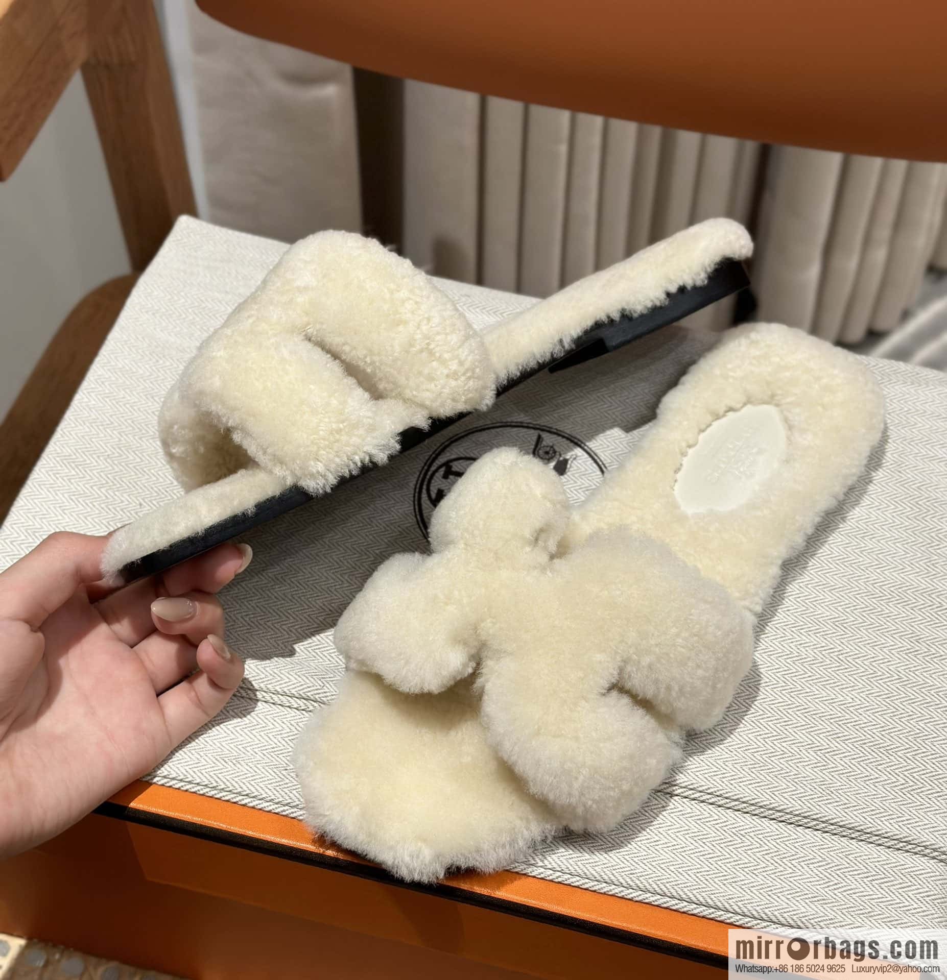 Hermès Lamb Fur H Slippers