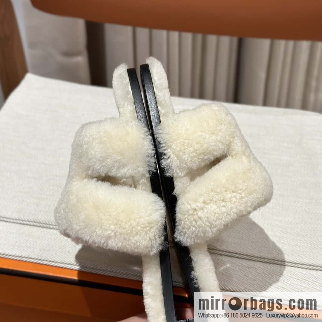 Hermès Lamb Fur H Slippers