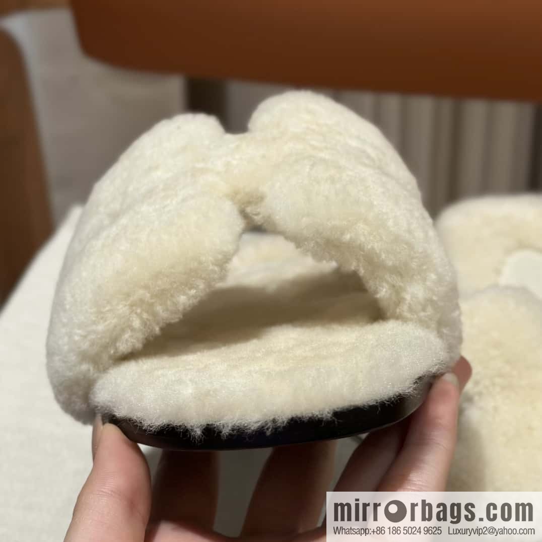 Hermès Lamb Fur H Slippers