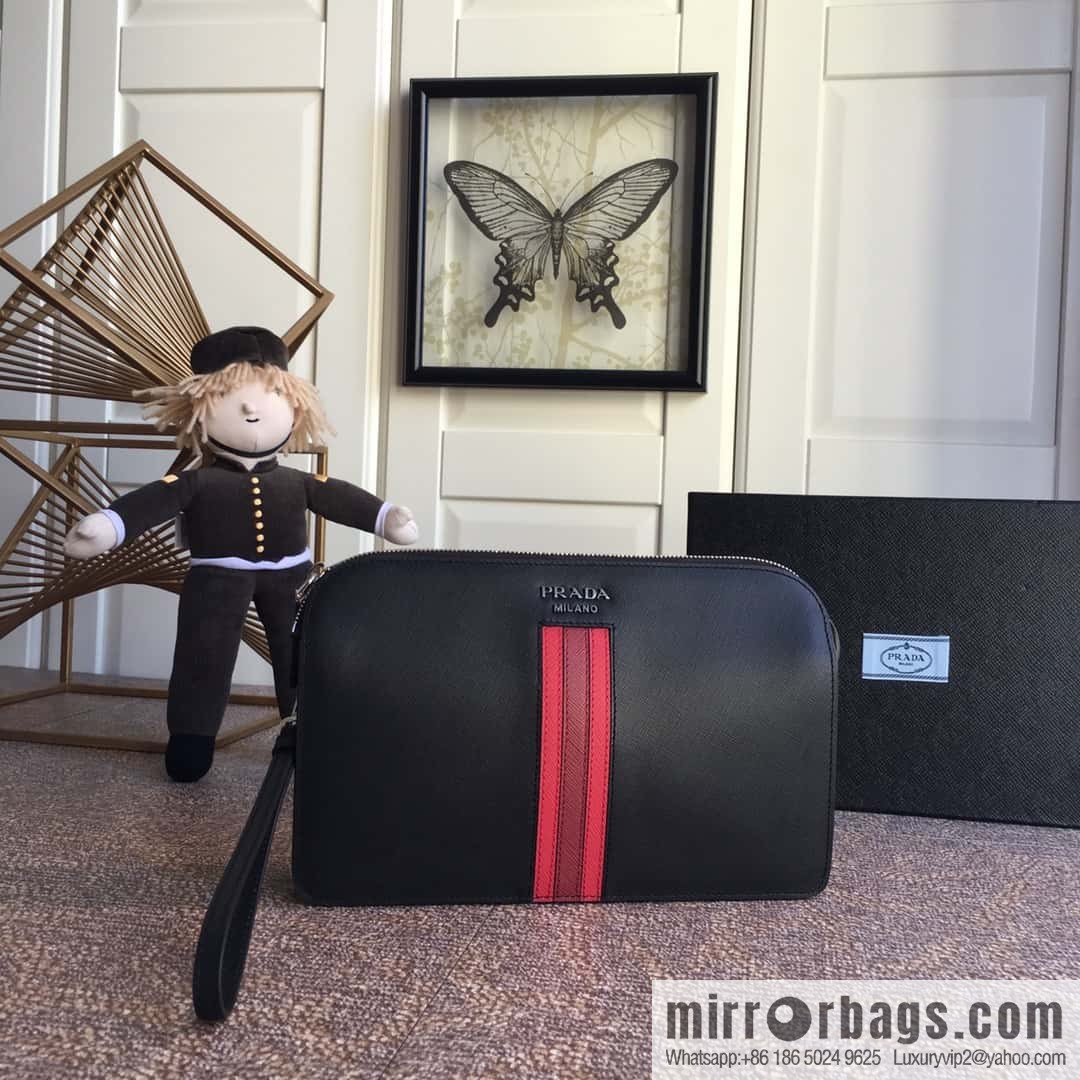PRADA Prada color cross pattern leather + imported sheepskin handbag 056R black/red